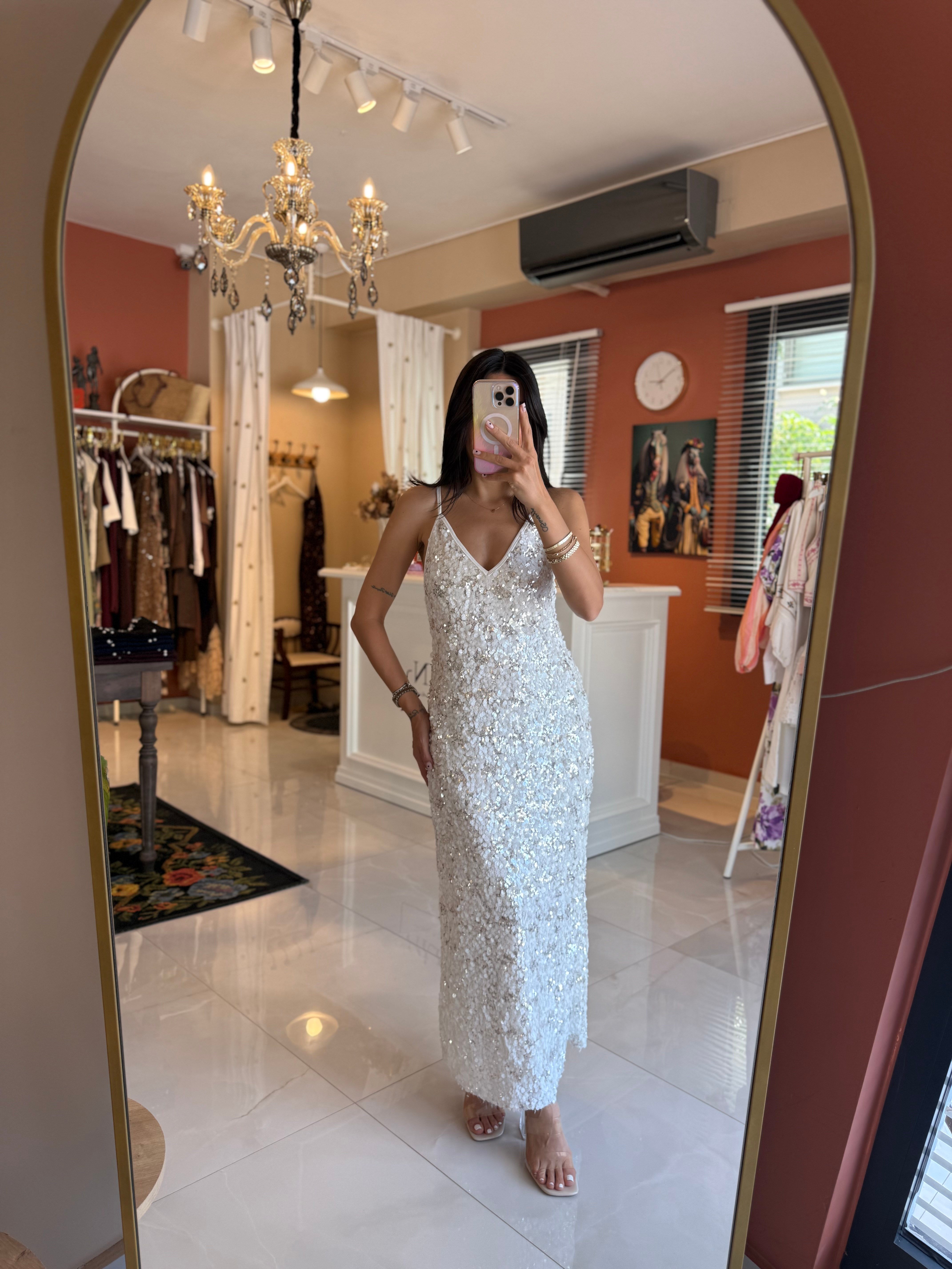 Gümüş Beyaz Maxi Payetli Elbise