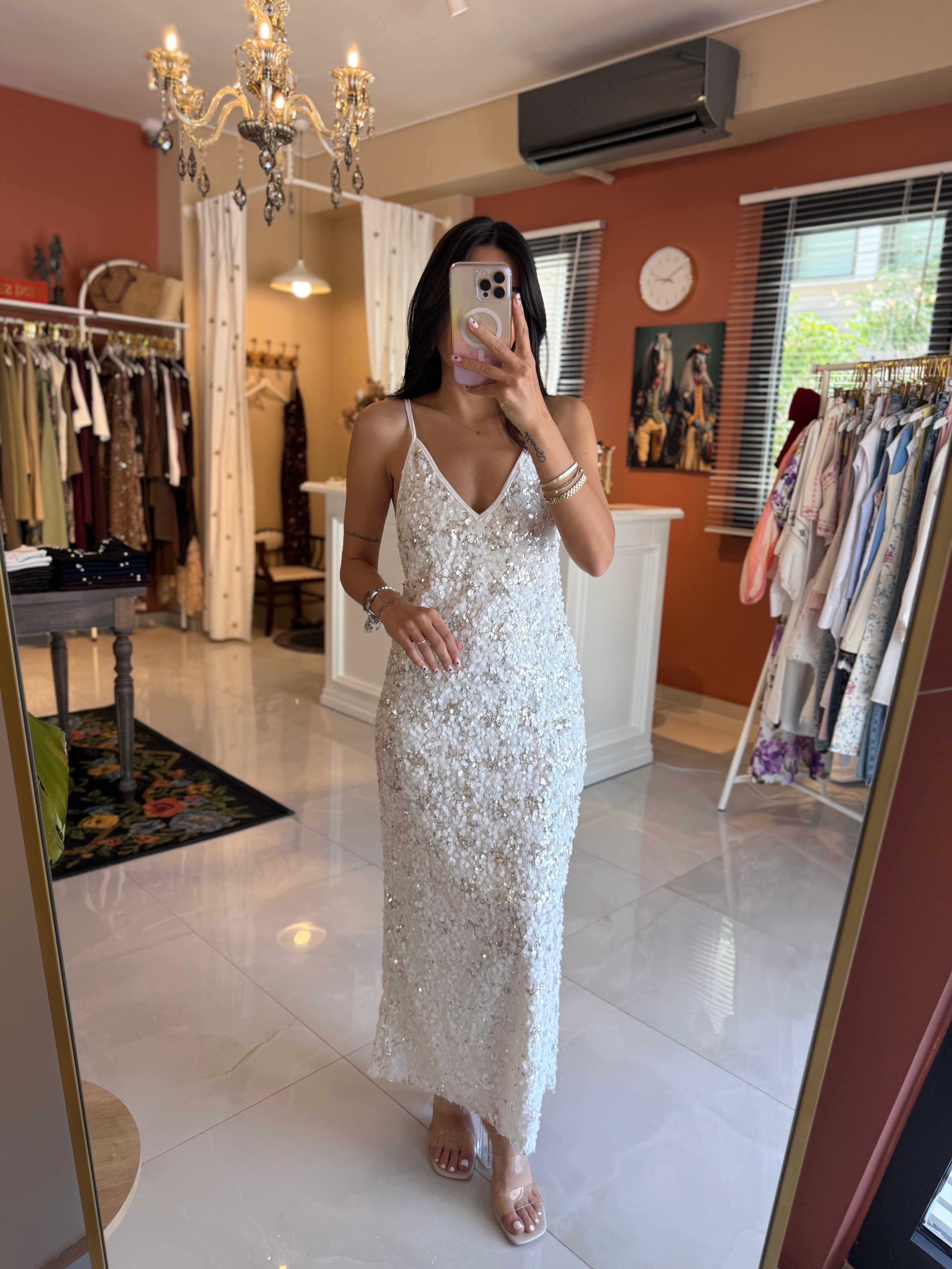 Gümüş Beyaz Maxi Payetli Elbise