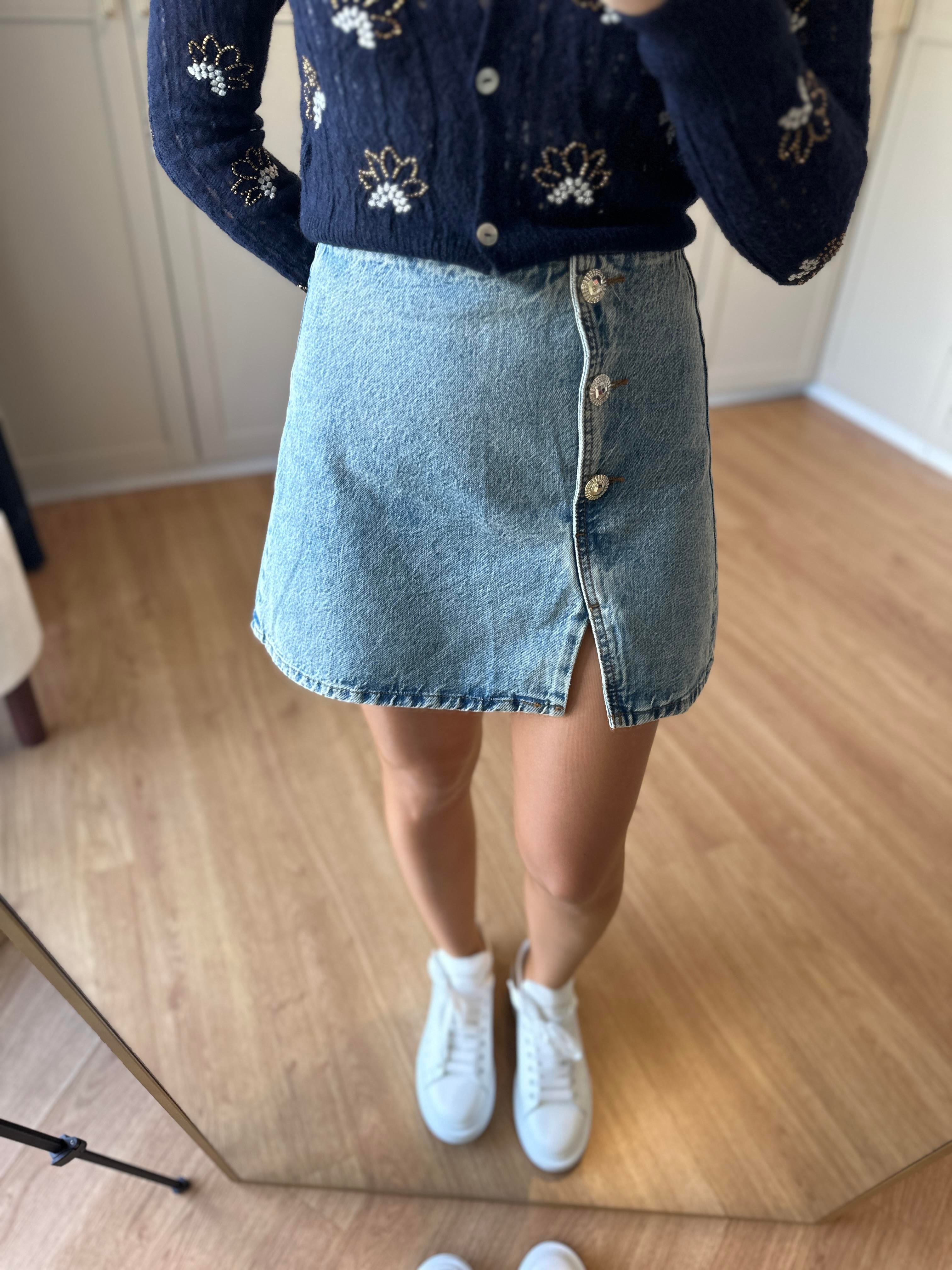 Gümüş Düğmeli Kot Etek