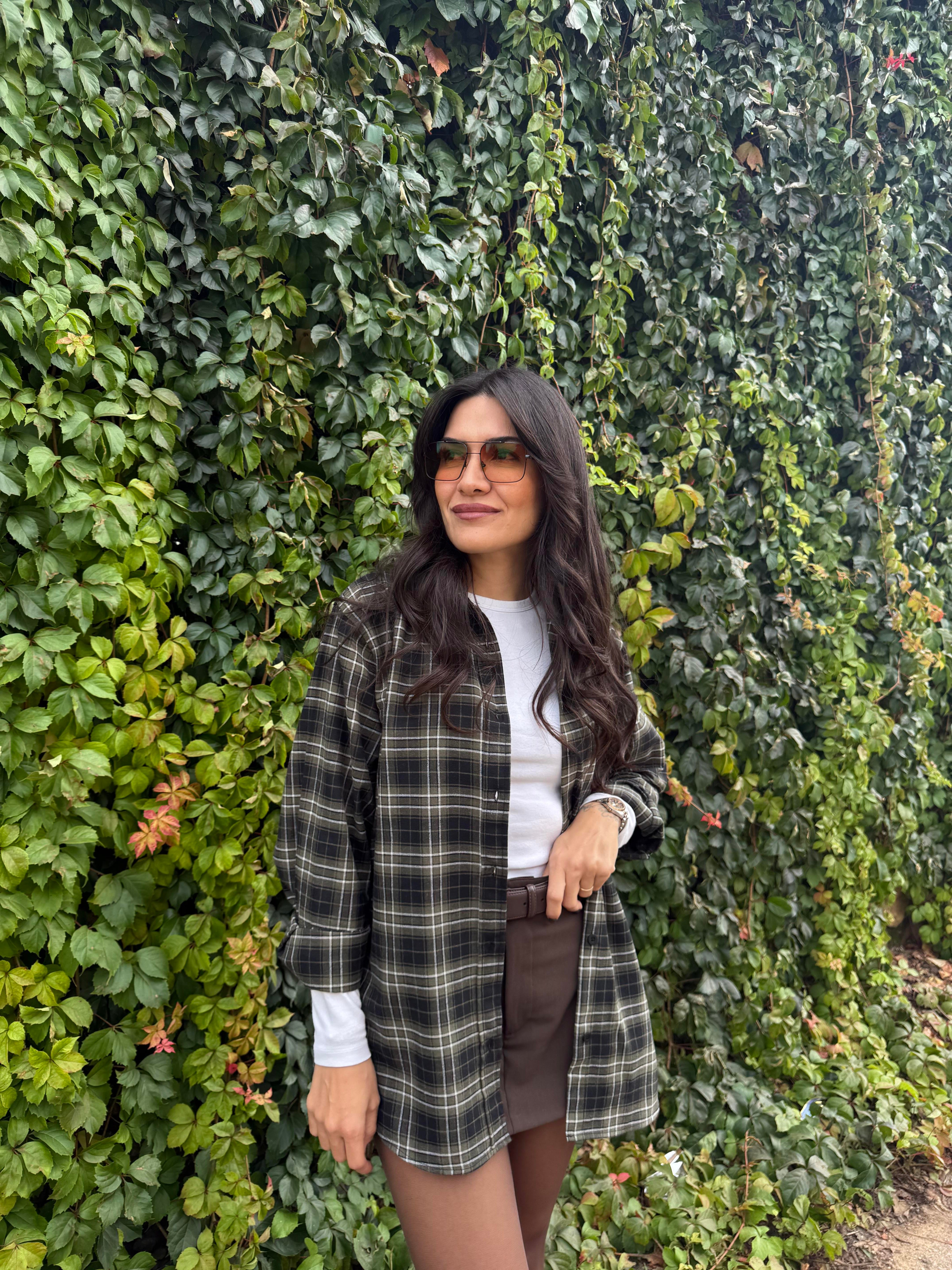 Haki-Ekru Ekoseli Oduncu Gömlek