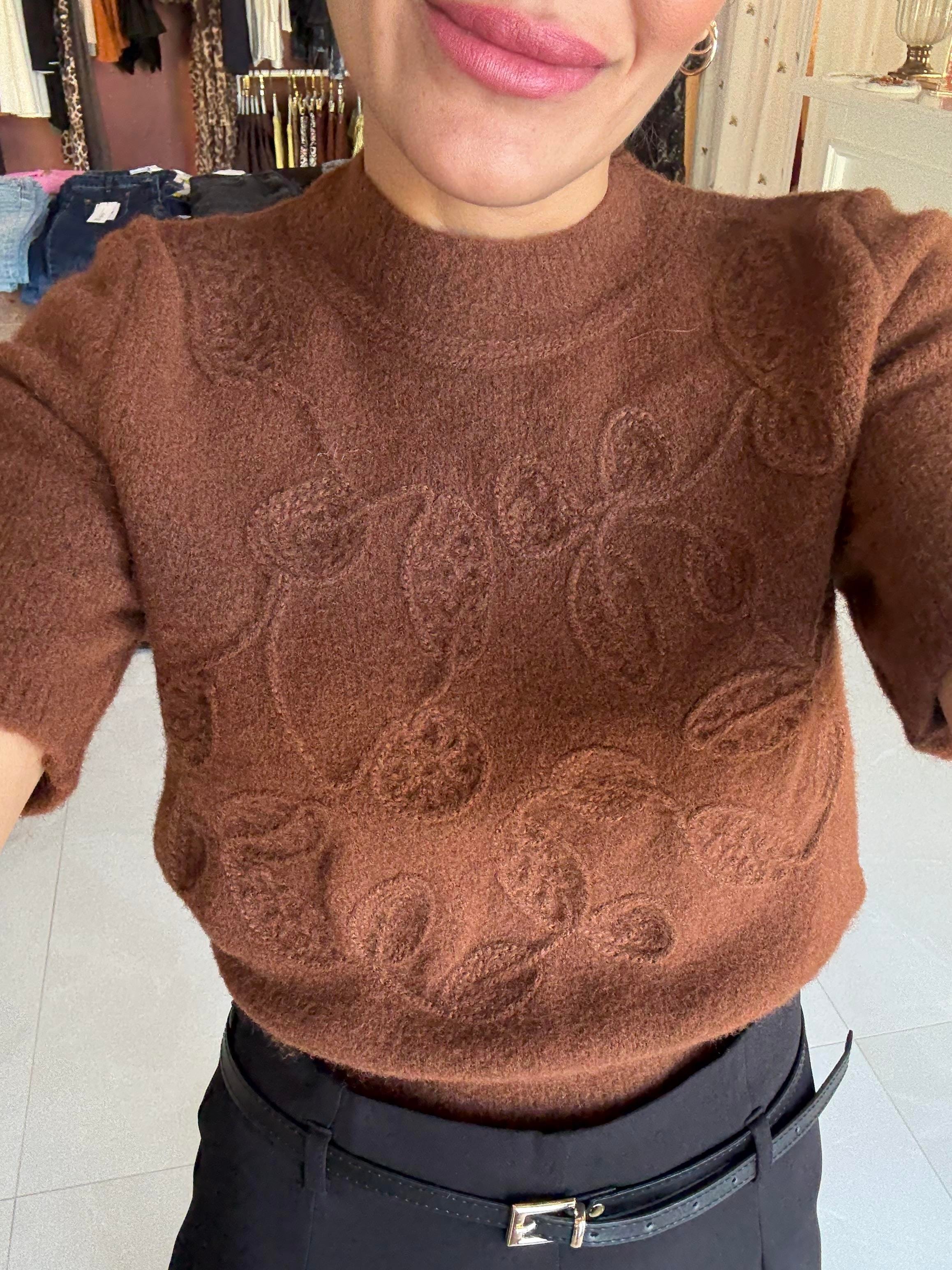 İşlemeli Mocha Triko Kazak