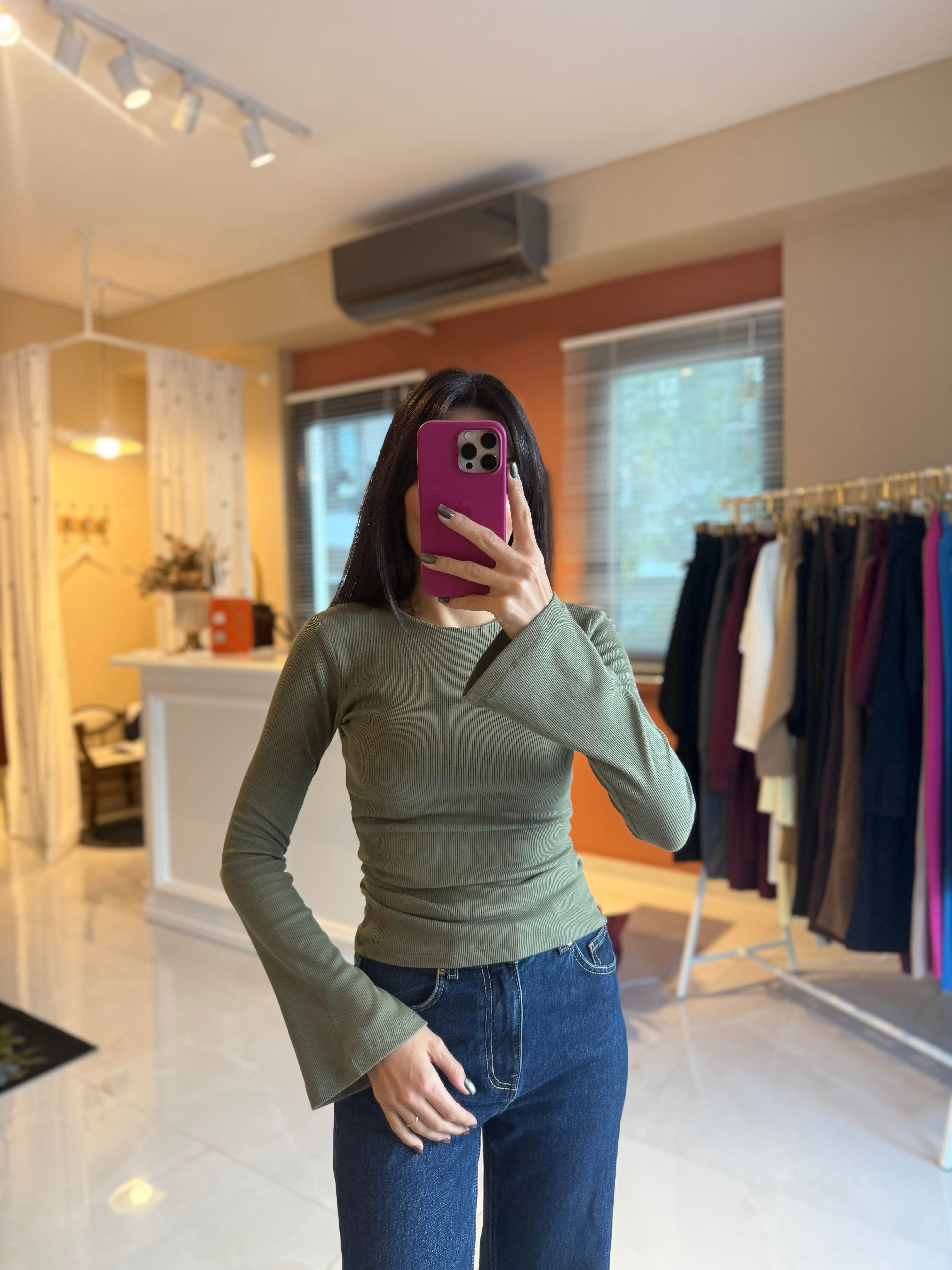 İspanyol Kol Fitilli Haki Tshirt