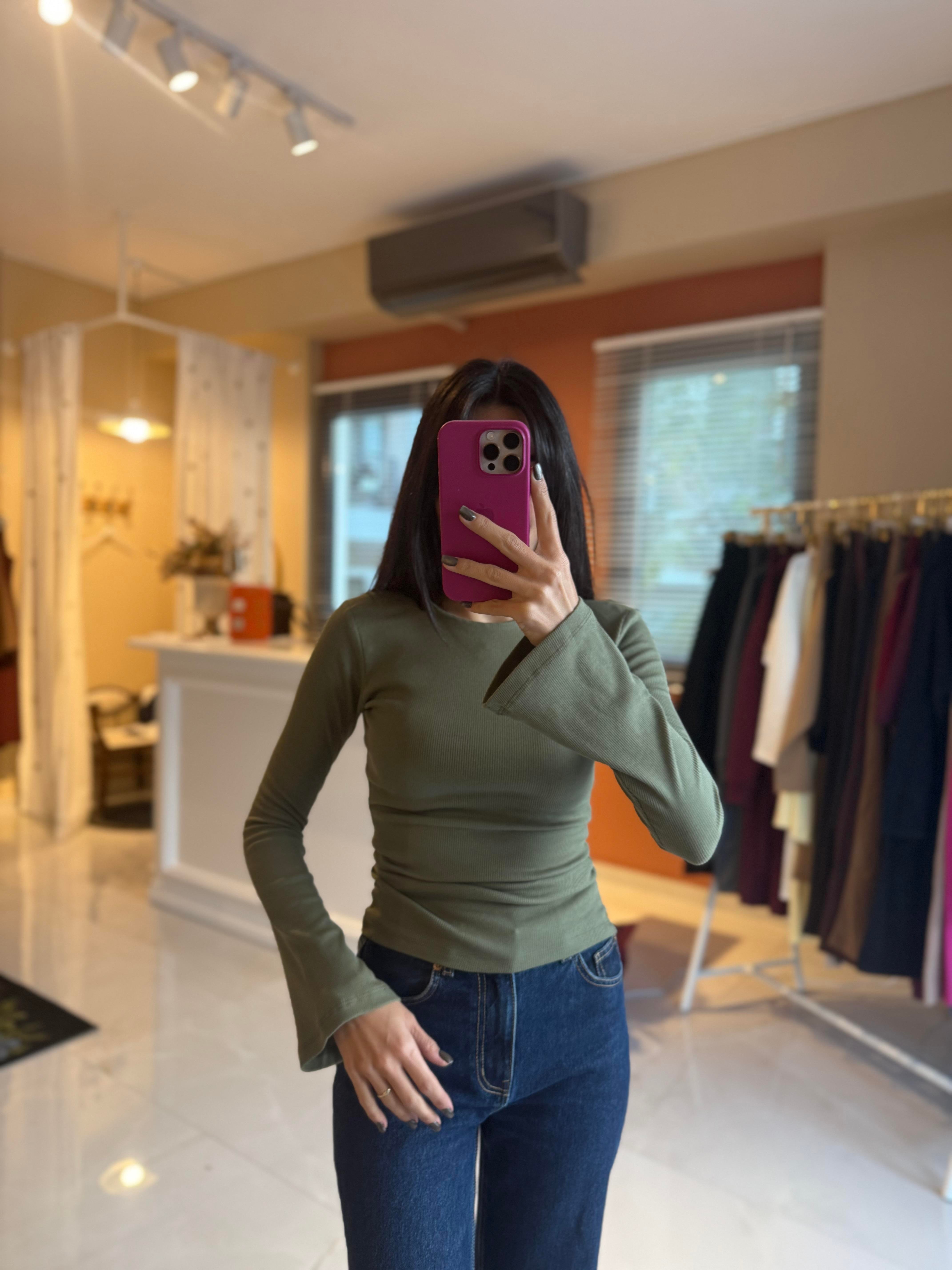 İspanyol Kol Fitilli Haki Tshirt