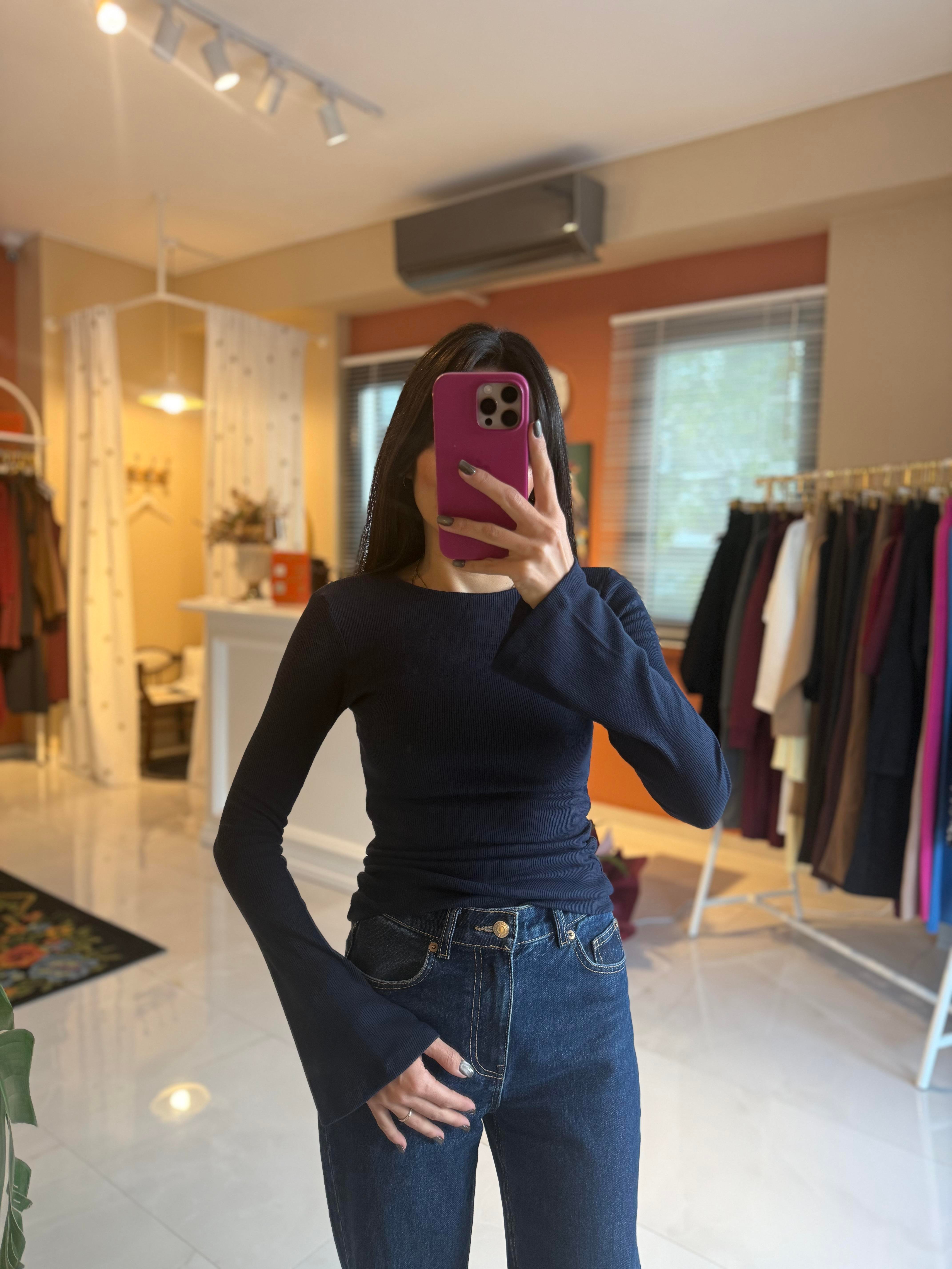 İspanyol Kol Fitilli Lacivert Tshirt