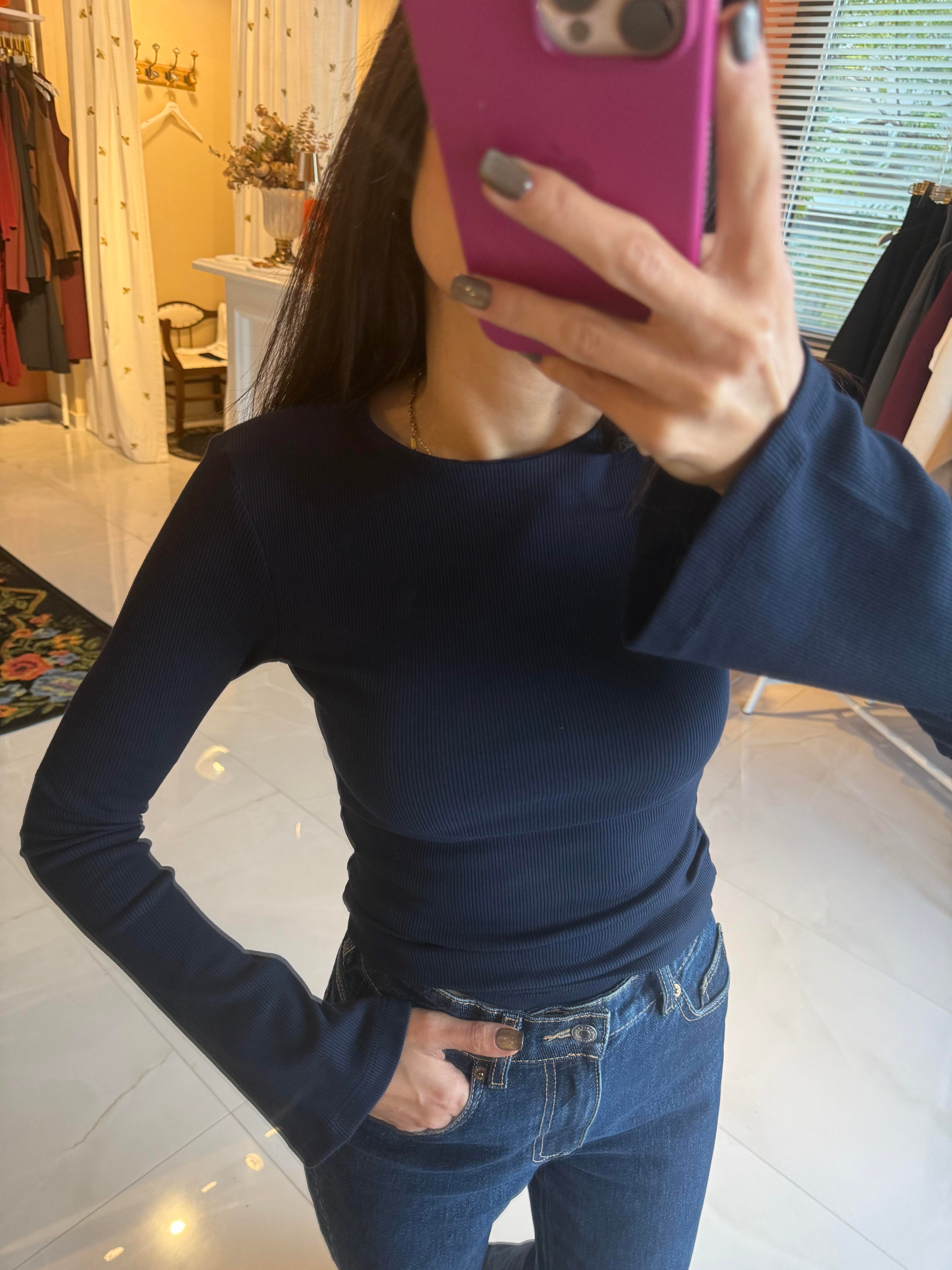 İspanyol Kol Fitilli Lacivert Tshirt