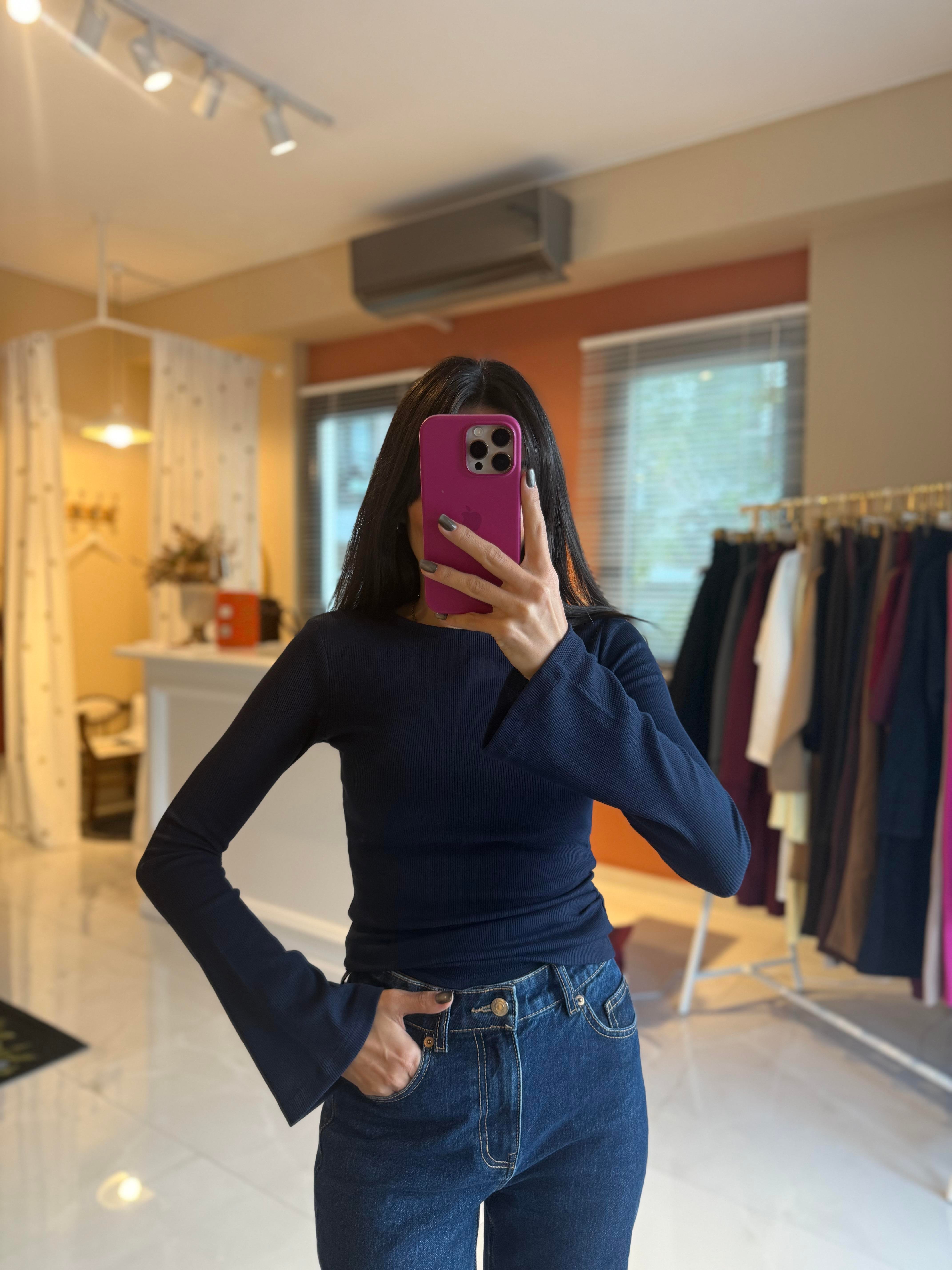 İspanyol Kol Fitilli Lacivert Tshirt