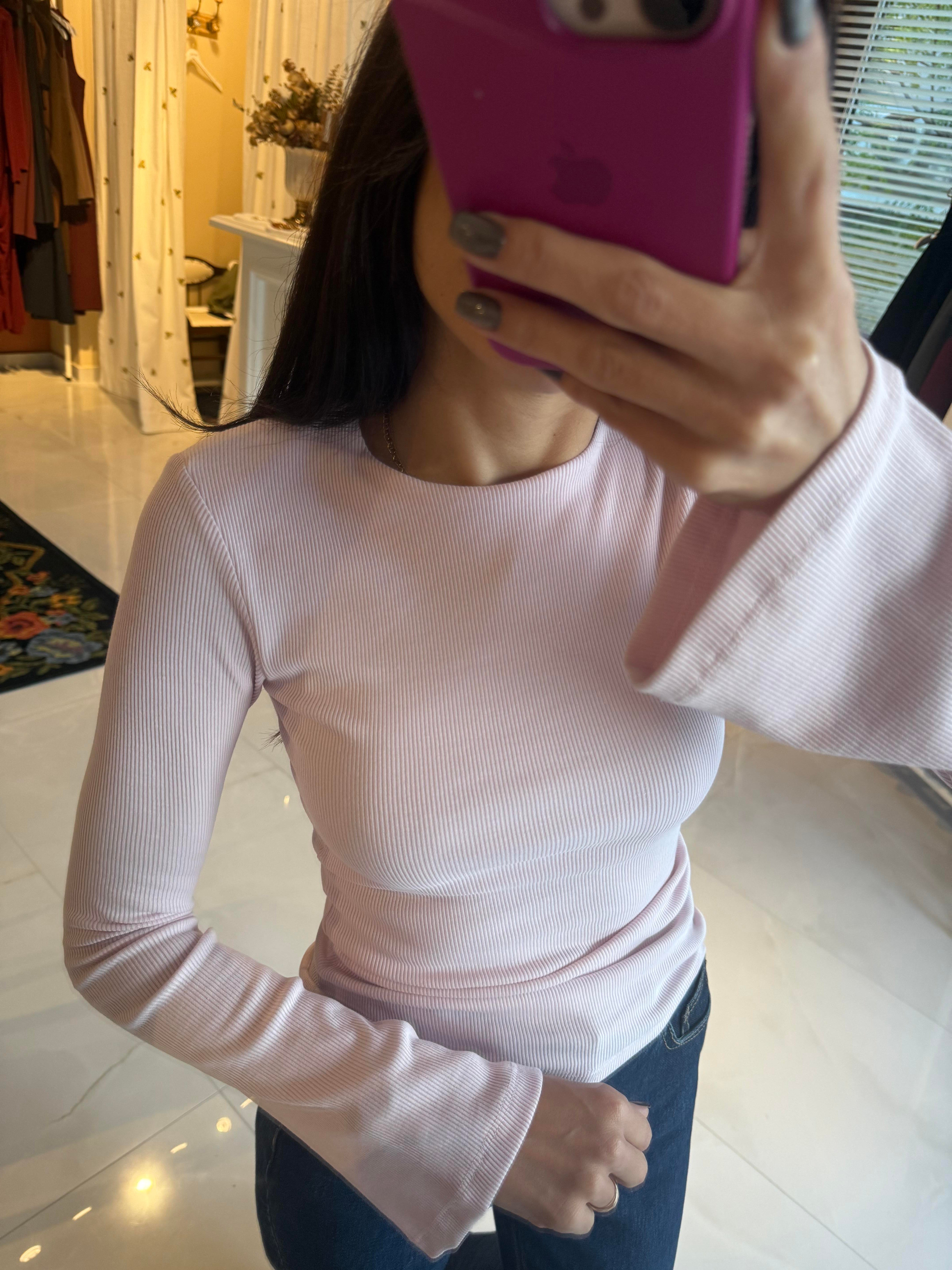 İspanyol Kol Fitilli Pembe Tshirt