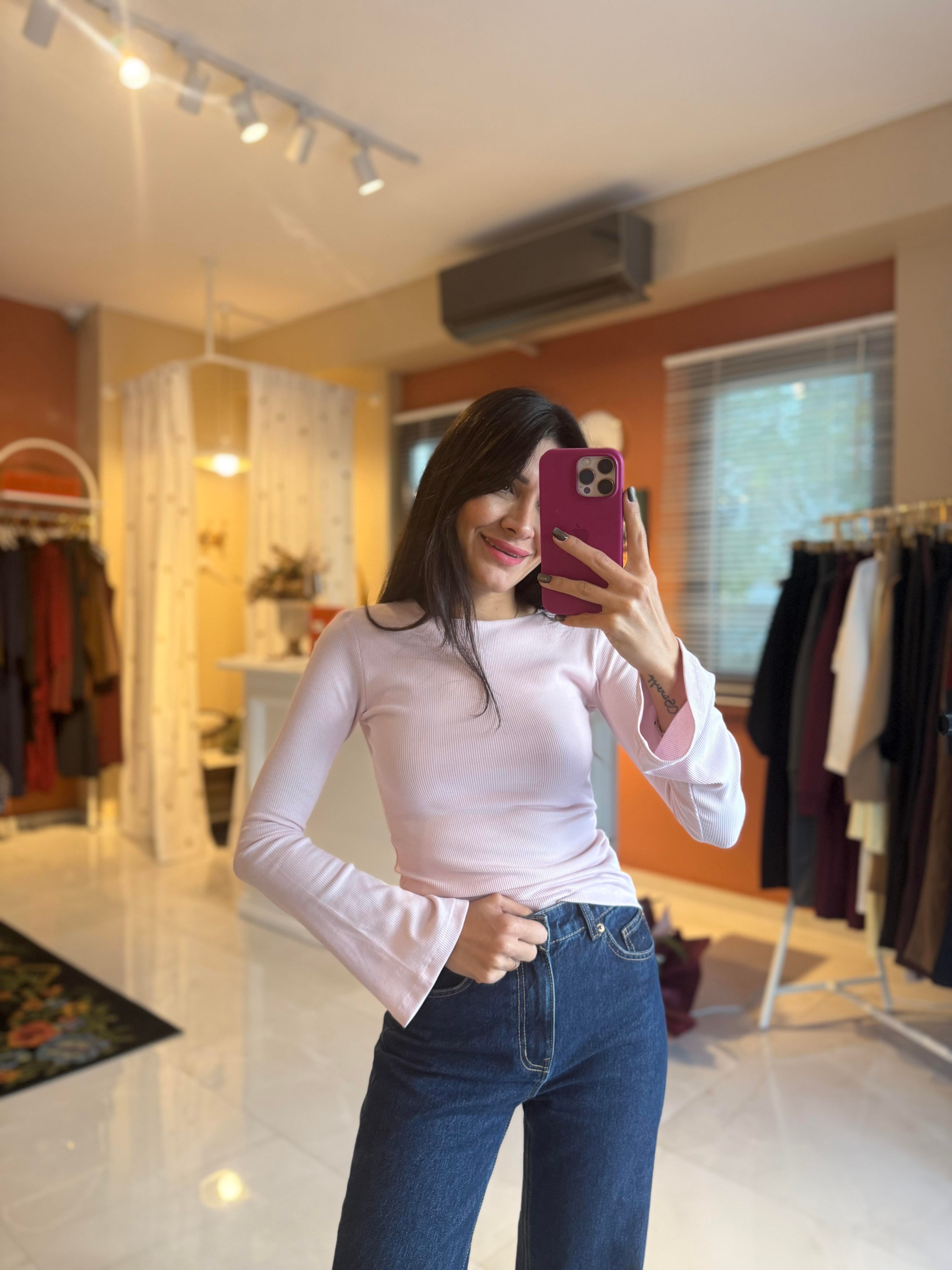 İspanyol Kol Fitilli Pembe Tshirt