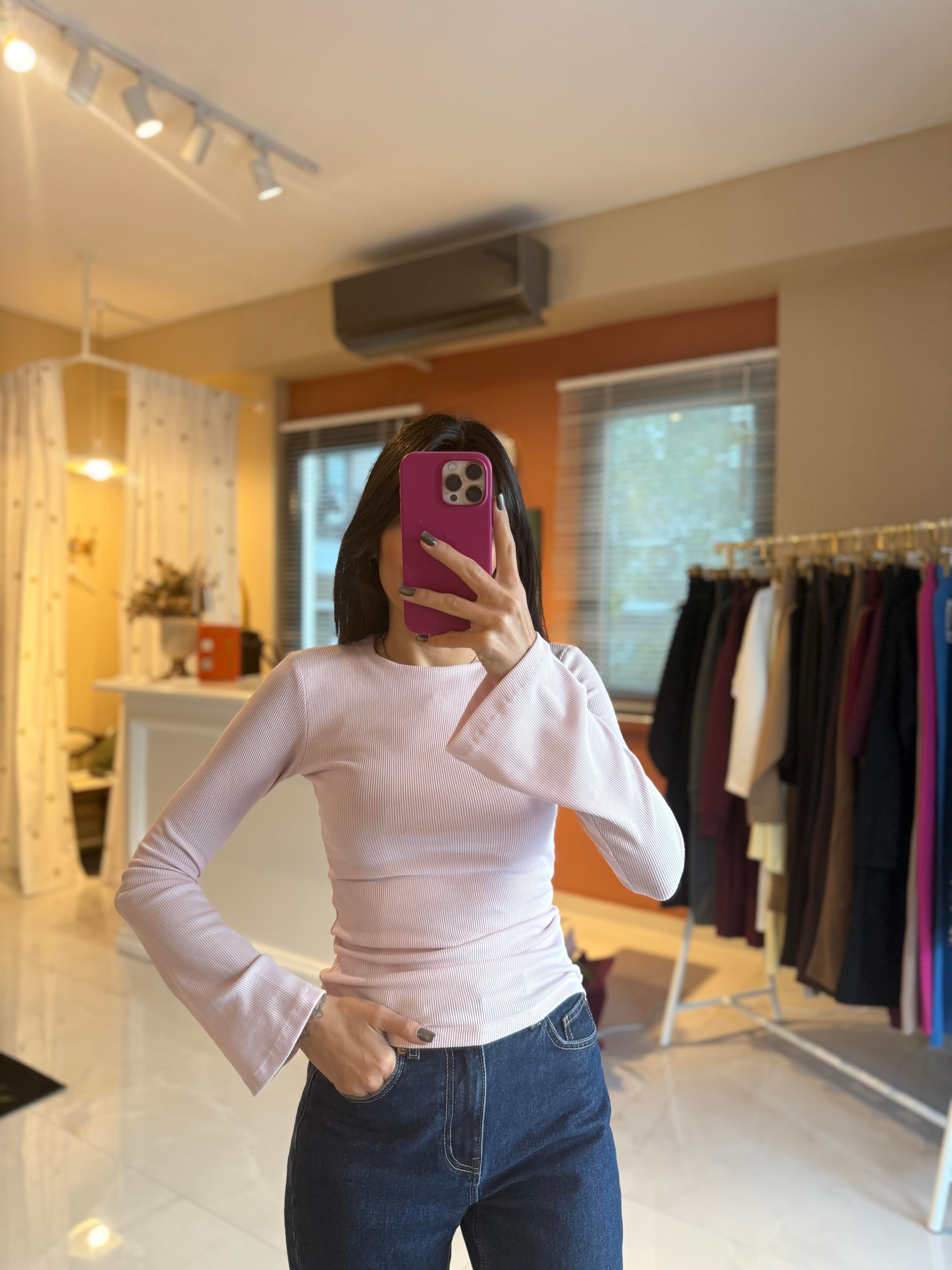 İspanyol Kol Fitilli Pembe Tshirt