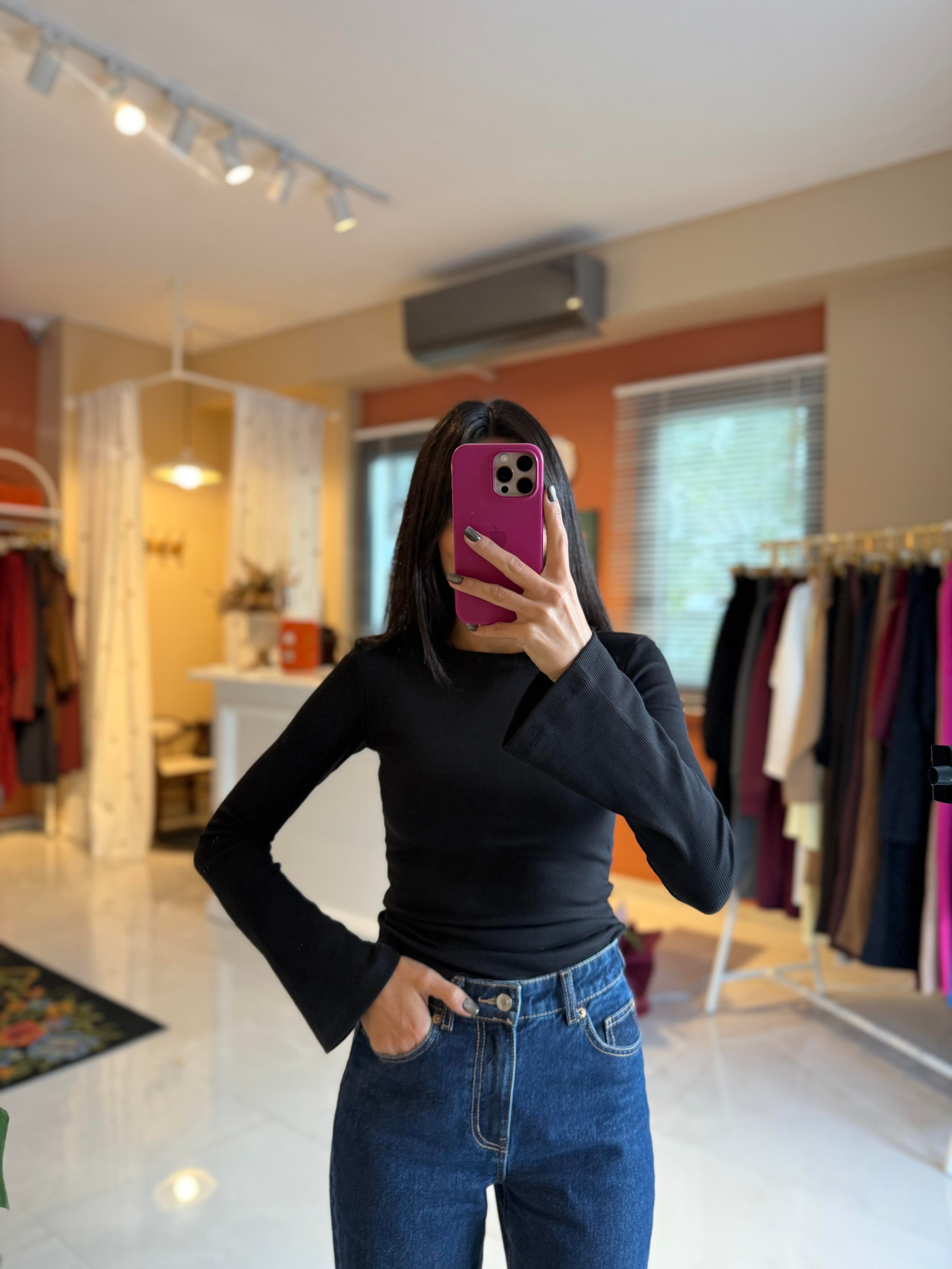 İspanyol Kol Fitilli Siyah Tshirt