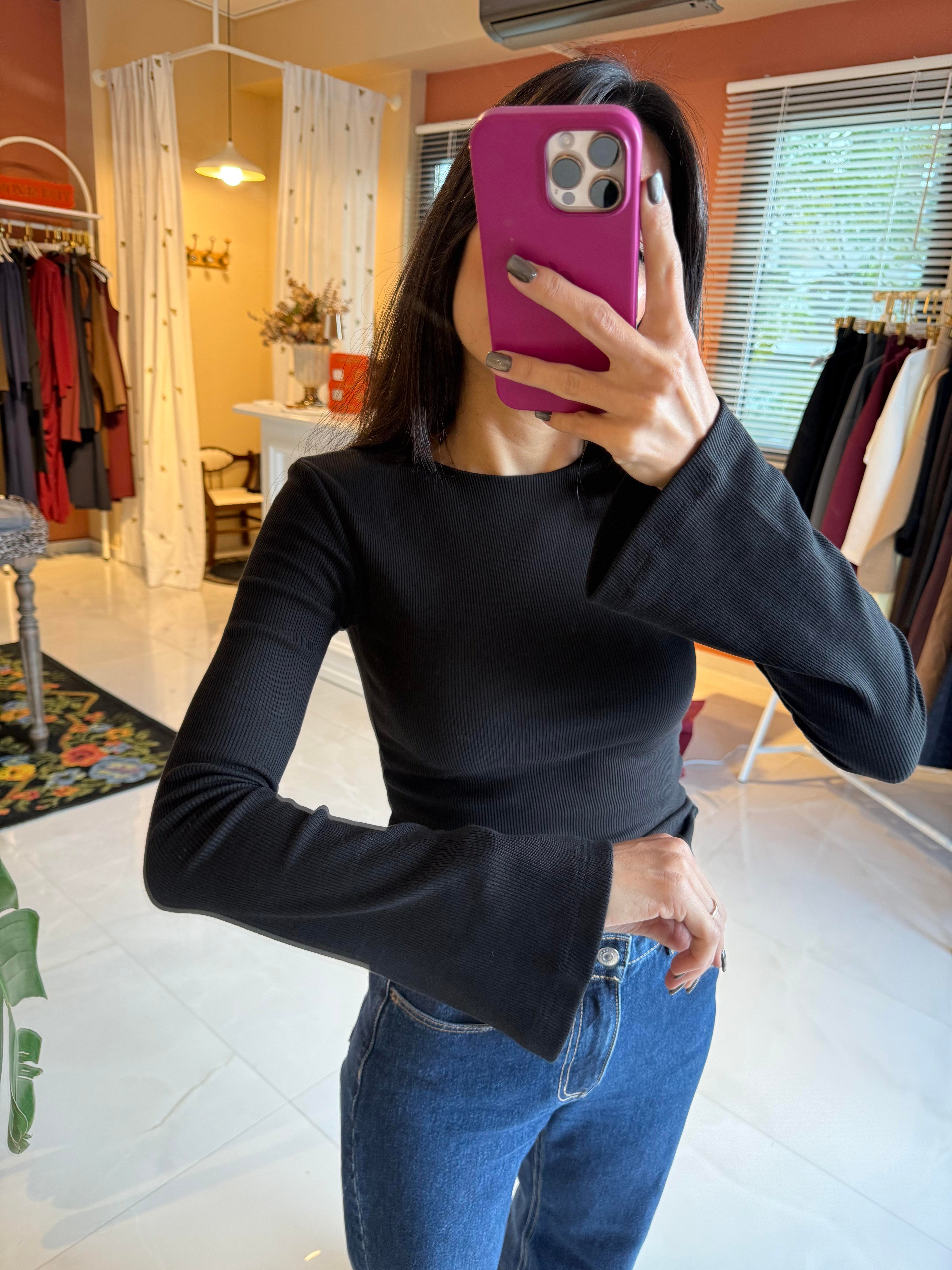 İspanyol Kol Fitilli Siyah Tshirt