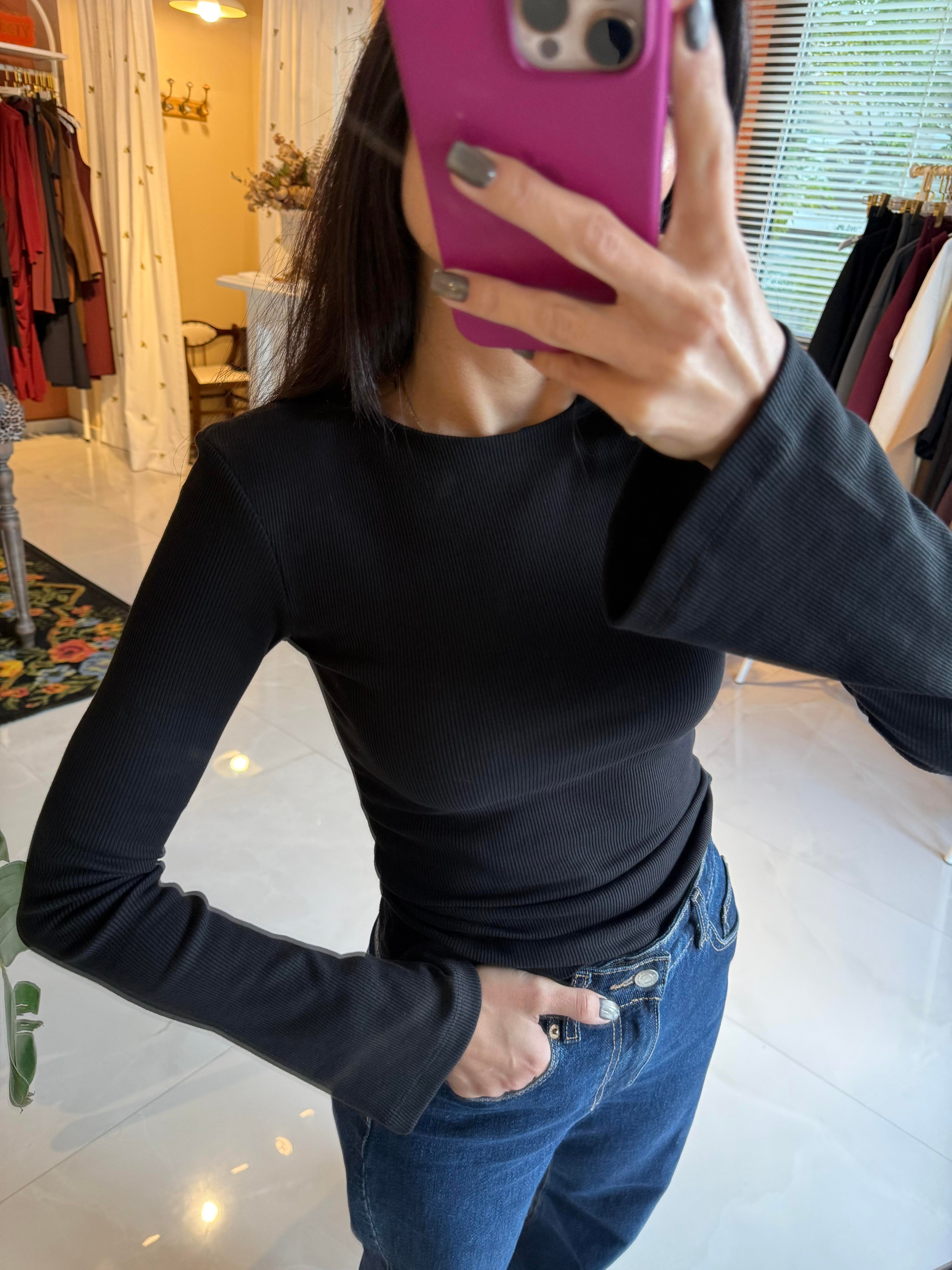 İspanyol Kol Fitilli Siyah Tshirt