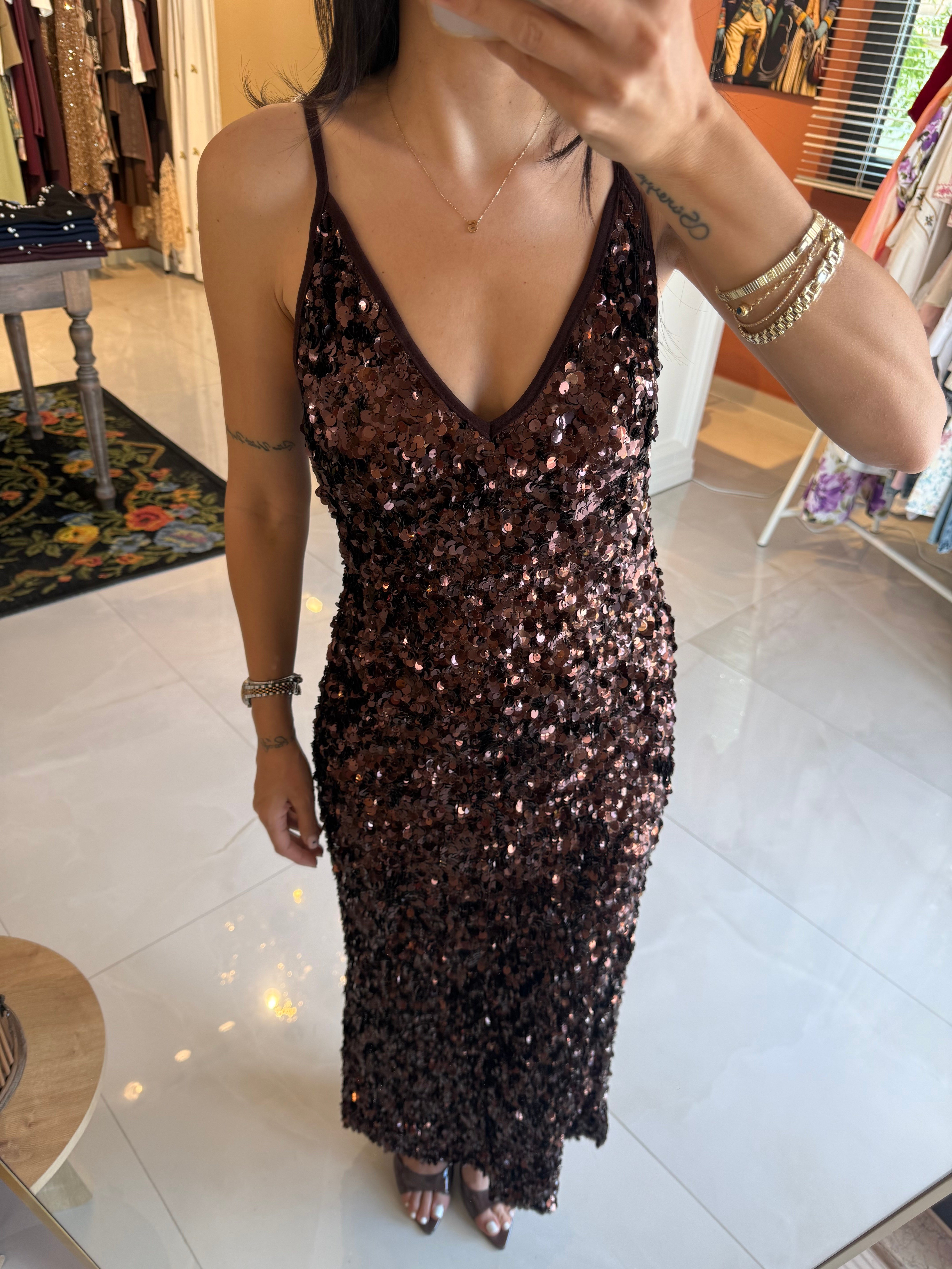 Kahve Payetli Maxi Elbise