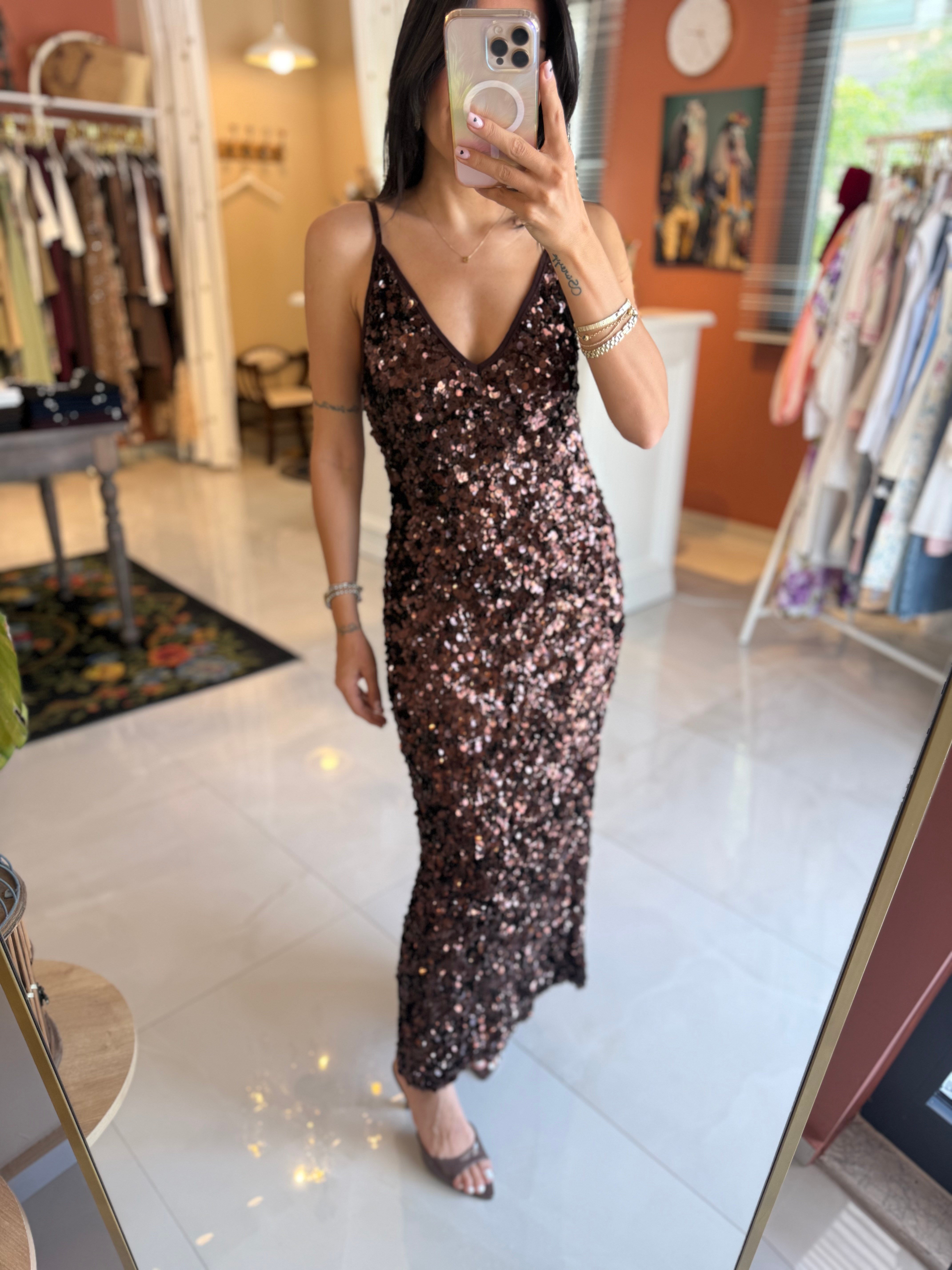 Kahve Payetli Maxi Elbise