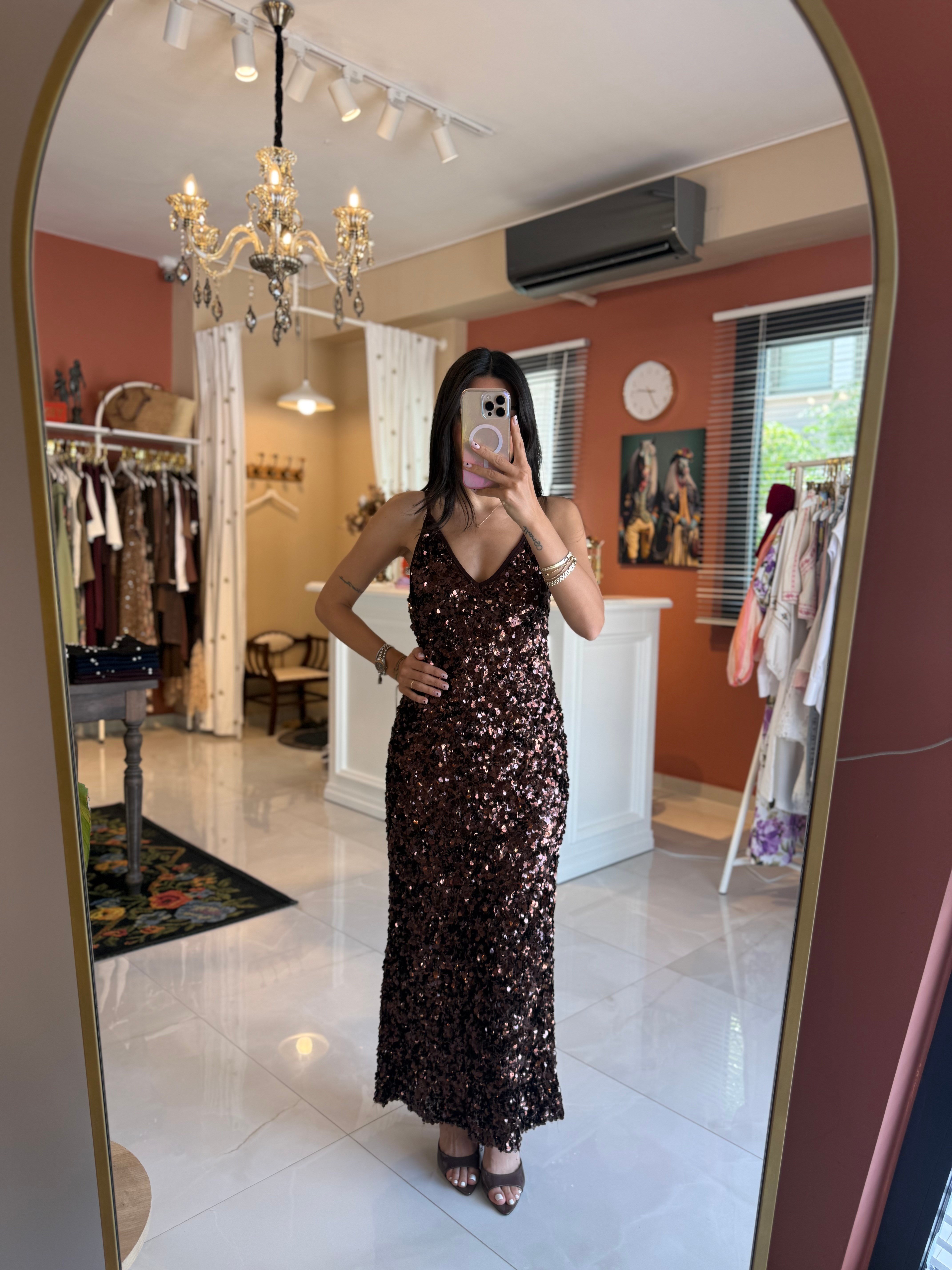 Kahve Payetli Maxi Elbise