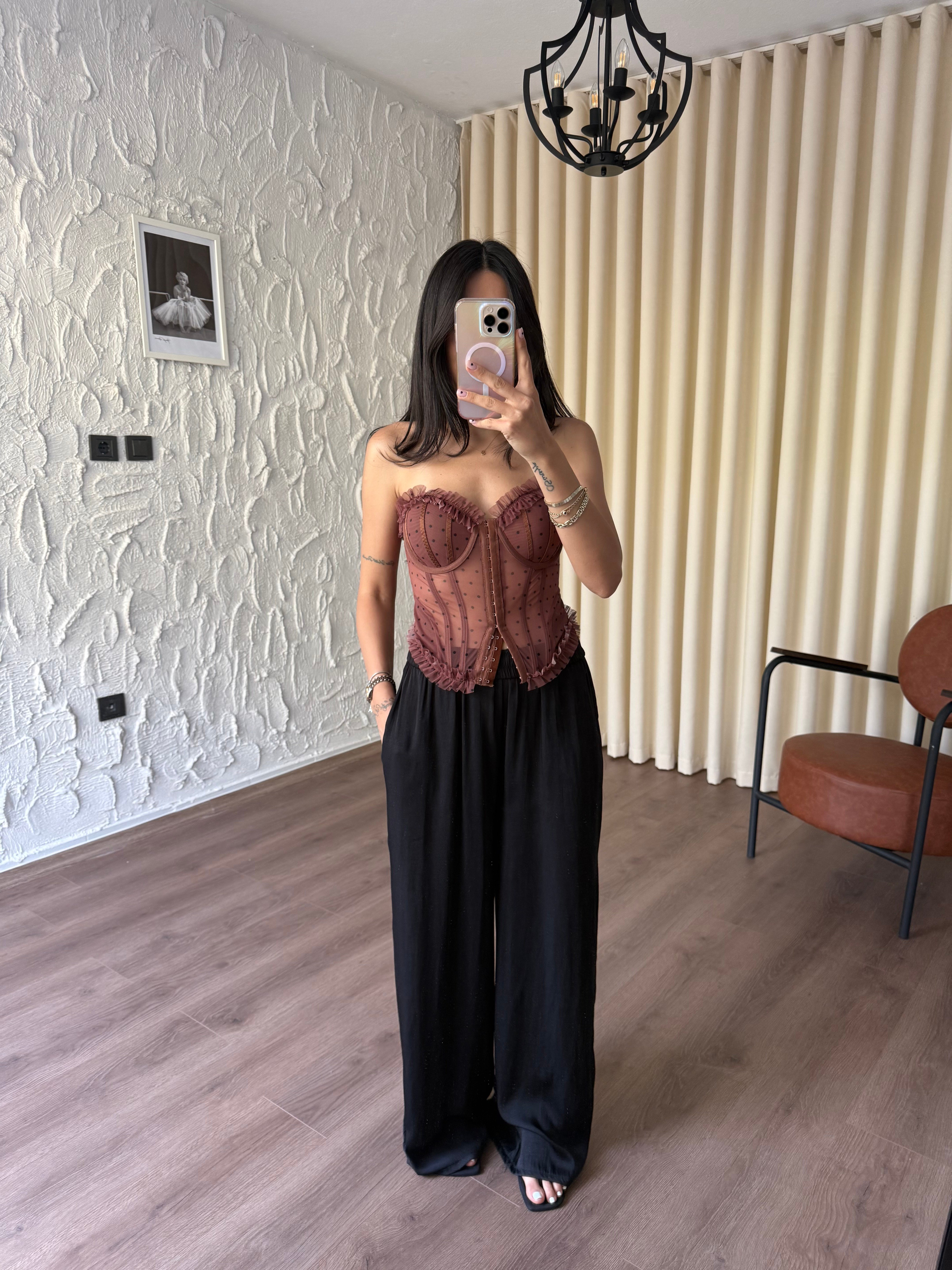 Kahve Puantiyeli Transparan Korse