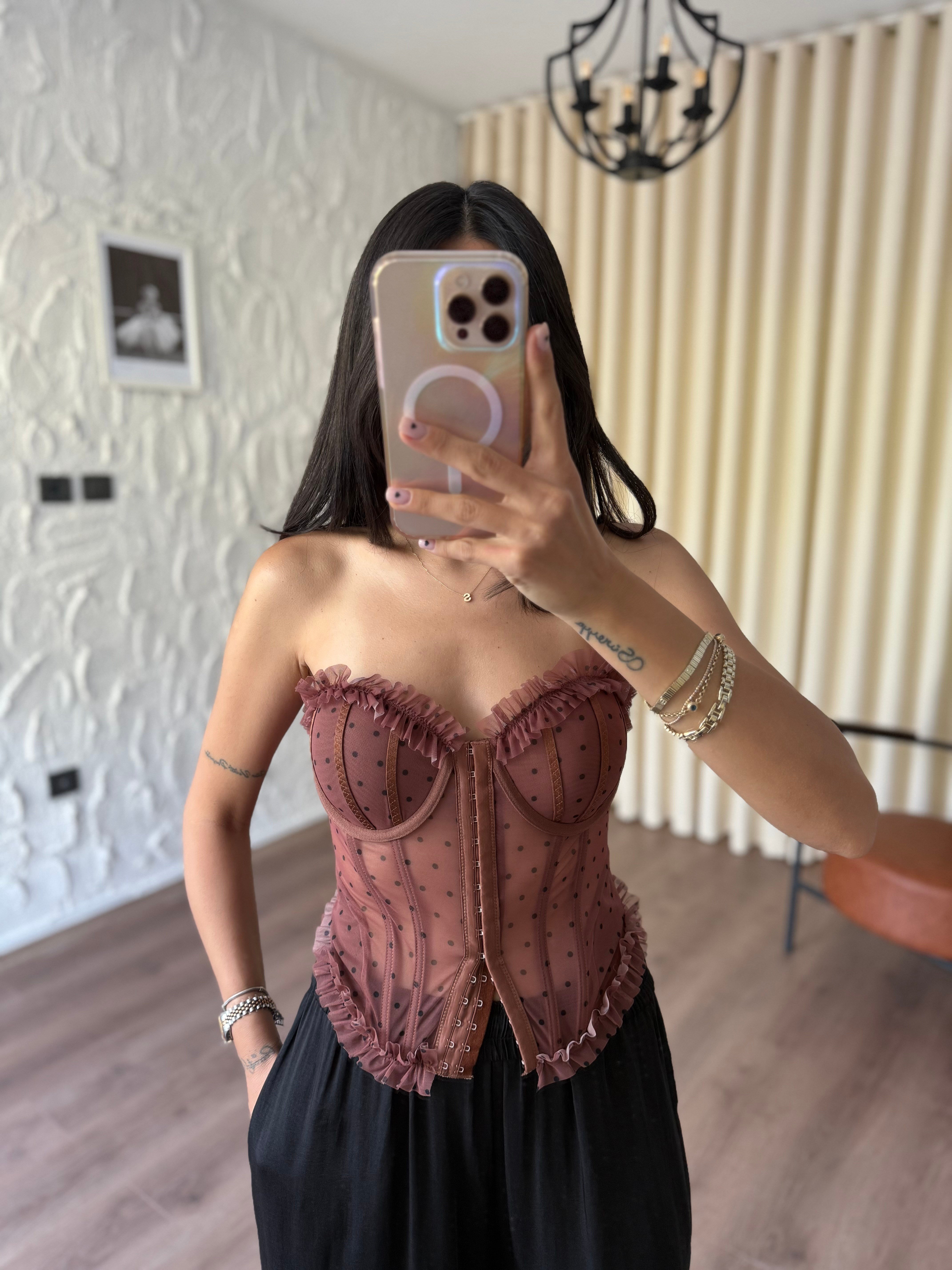 Kahve Puantiyeli Transparan Korse