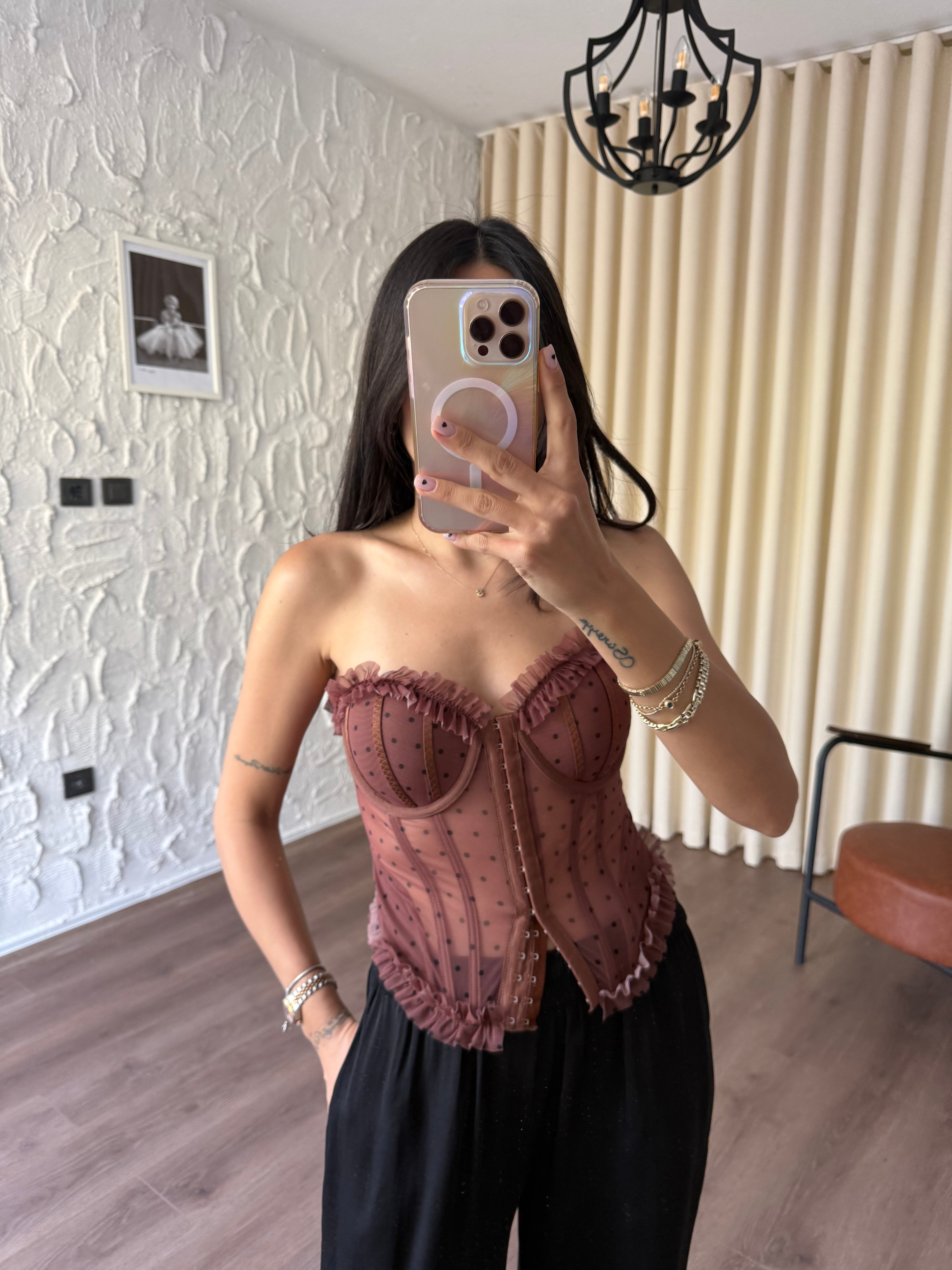 Kahve Puantiyeli Transparan Korse