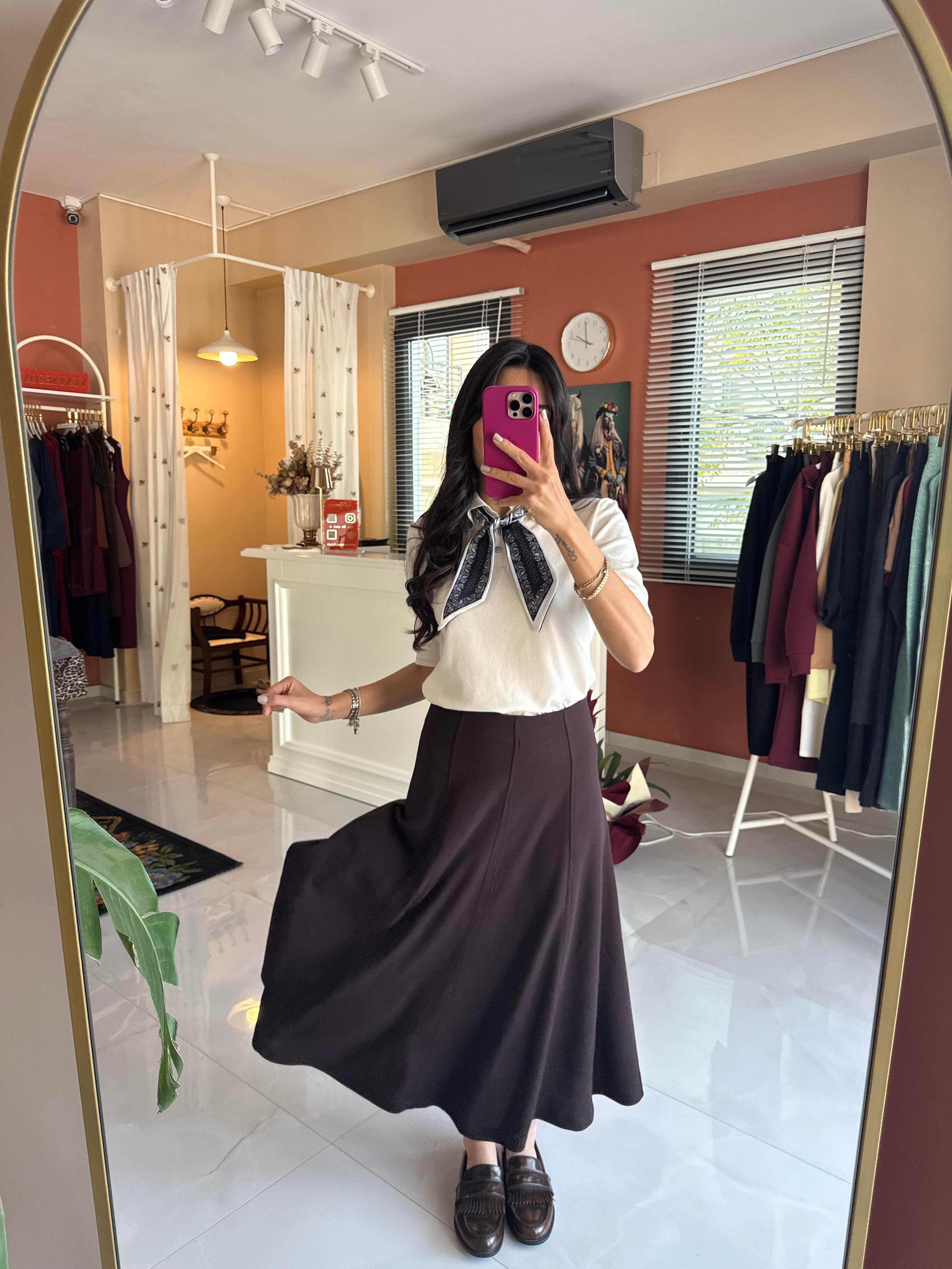 Kahverengi Çan Midi Etek