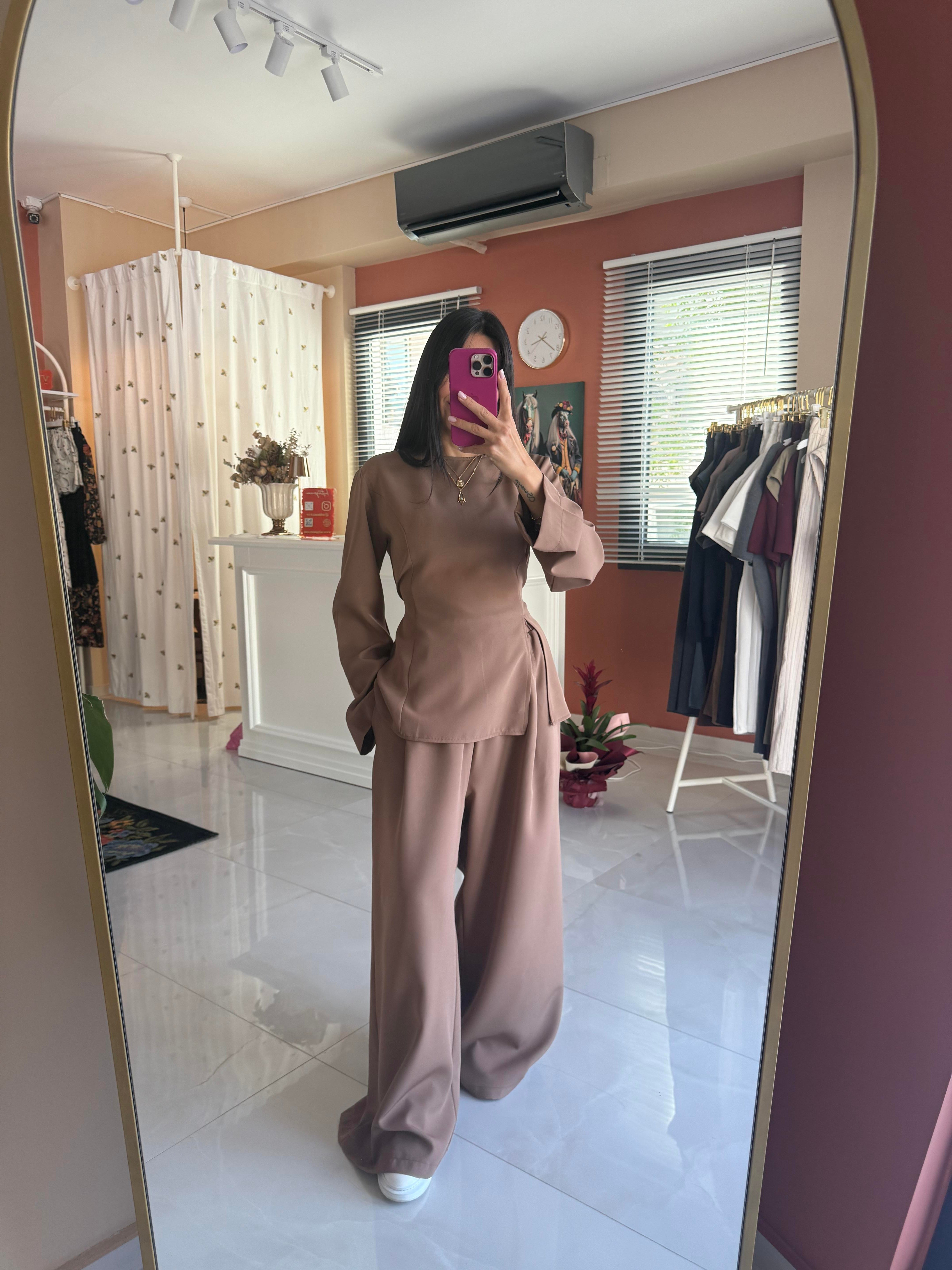 Kahverengi Yırtmaçlı Double Takım 