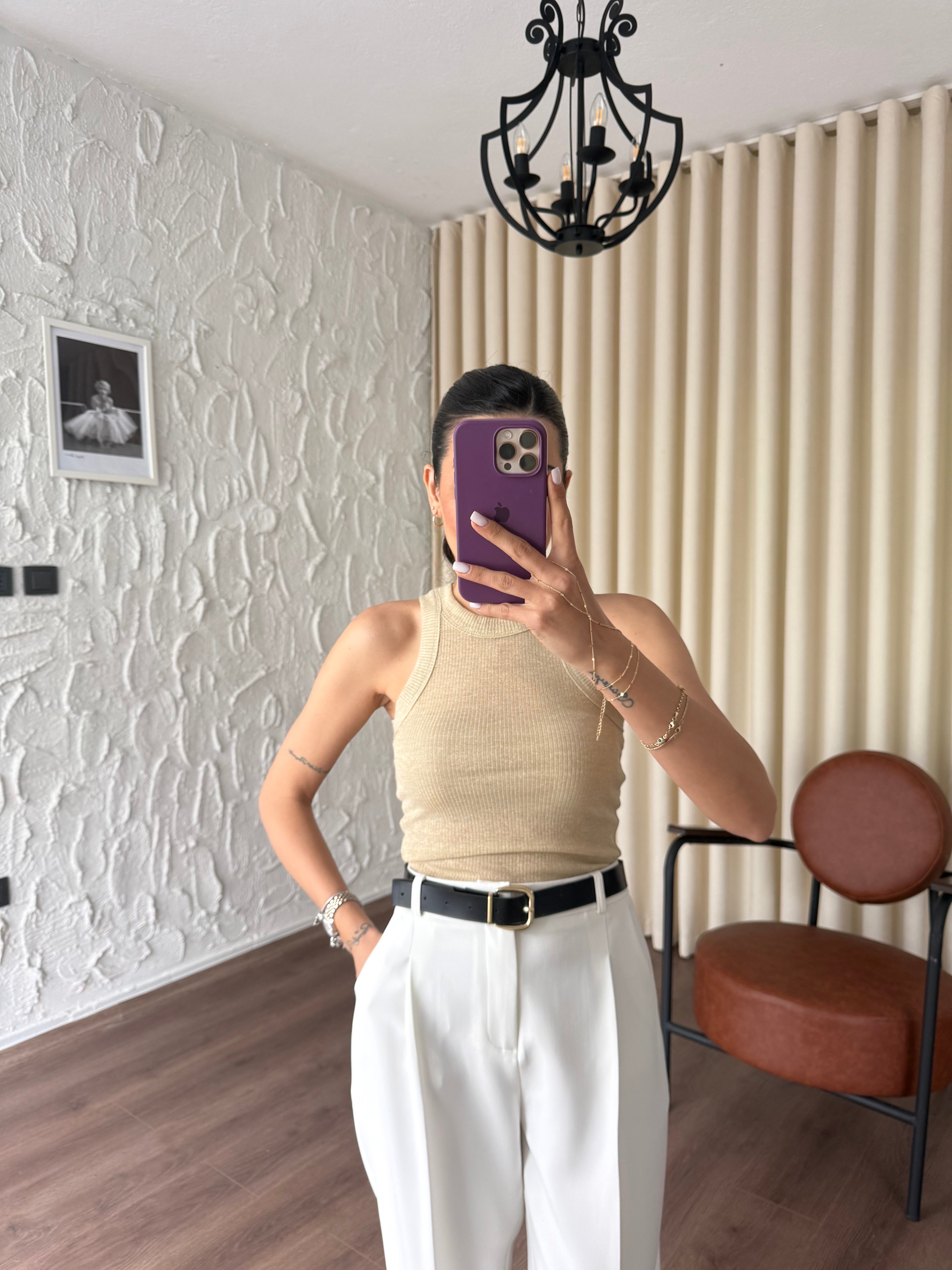 Kalın Biyeli Simli Bej Atlet