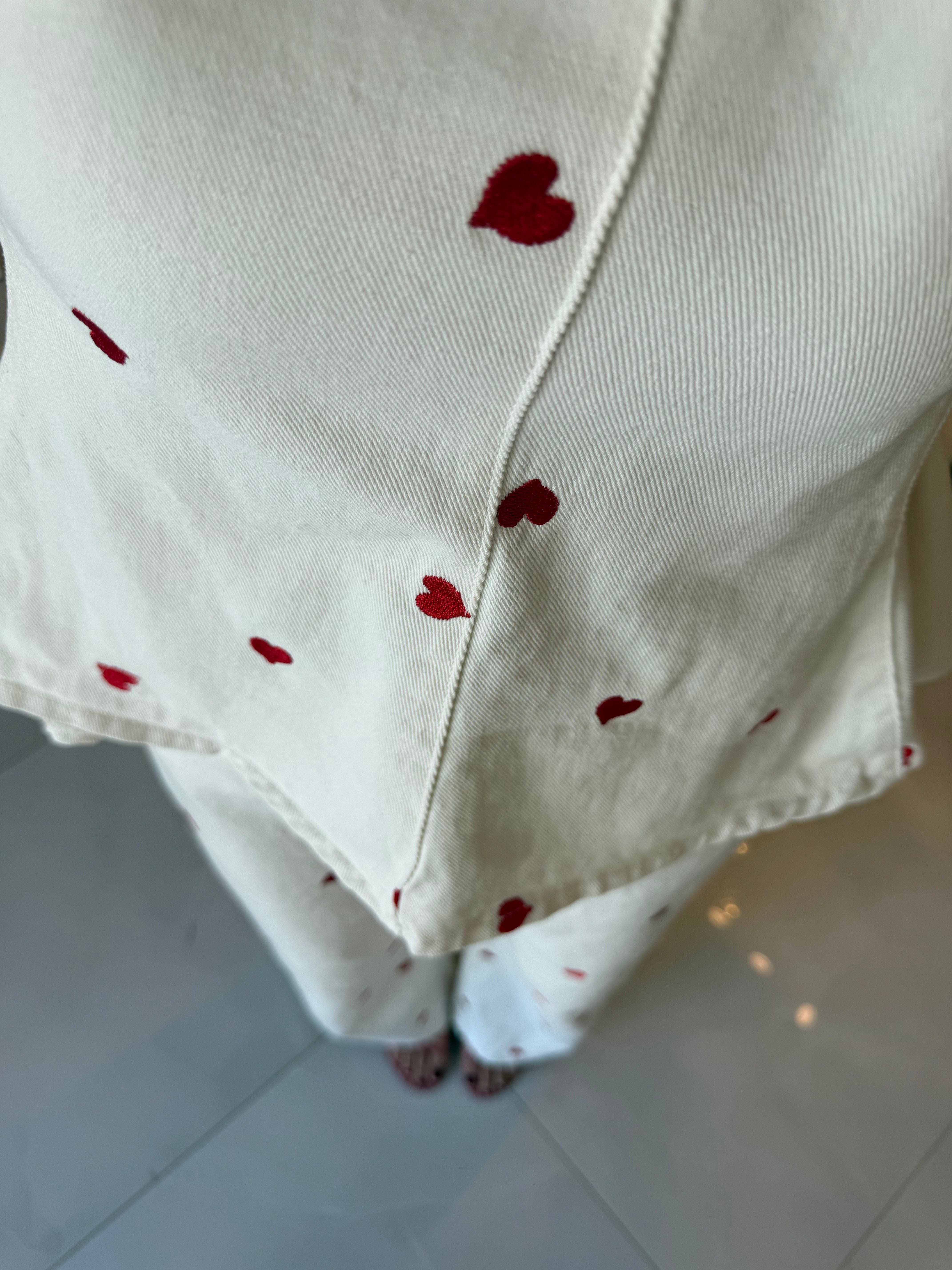 Kalp Nakışlı Ekru Denim Takım