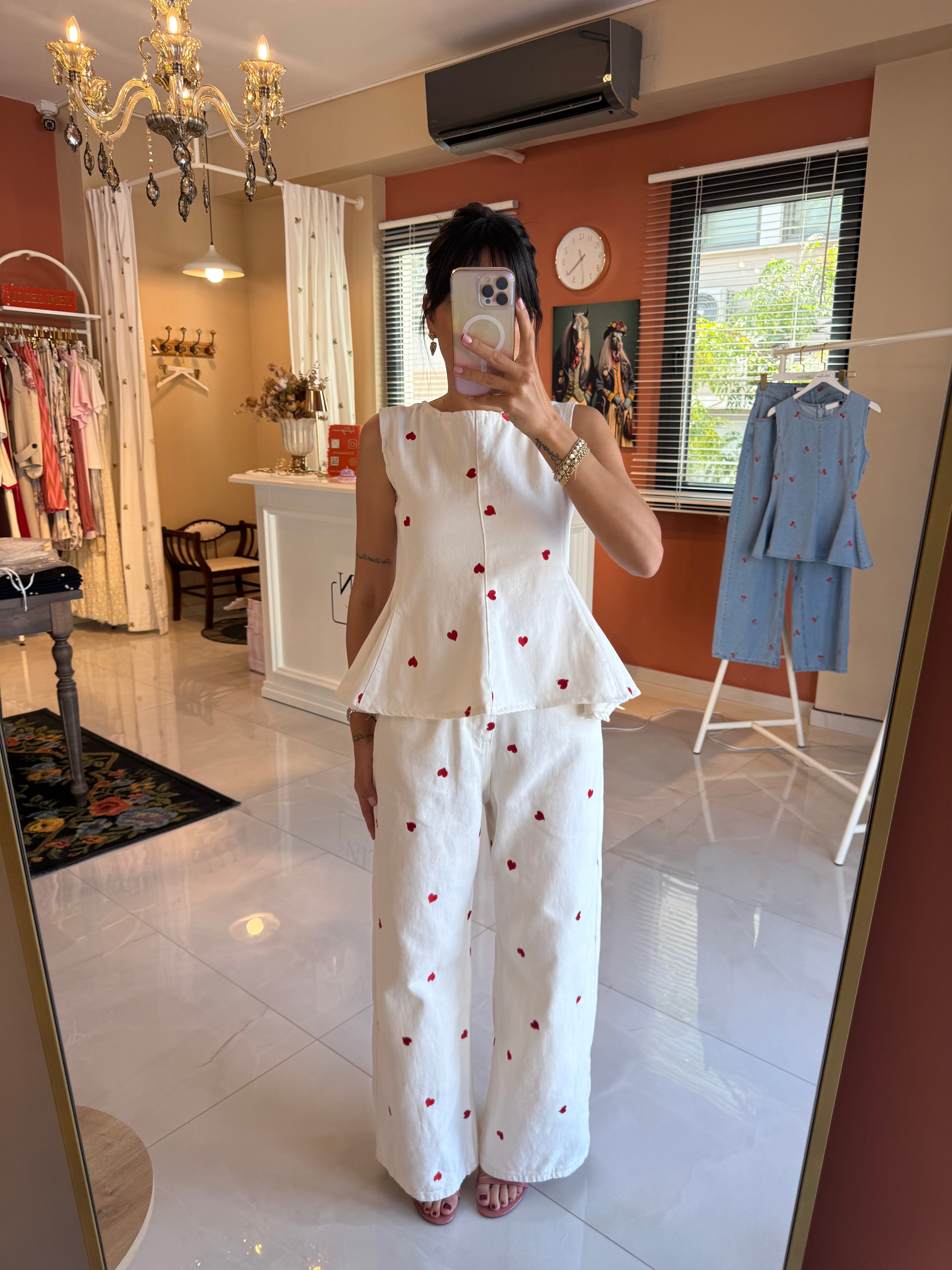 Kalp Nakışlı Ekru Denim Takım