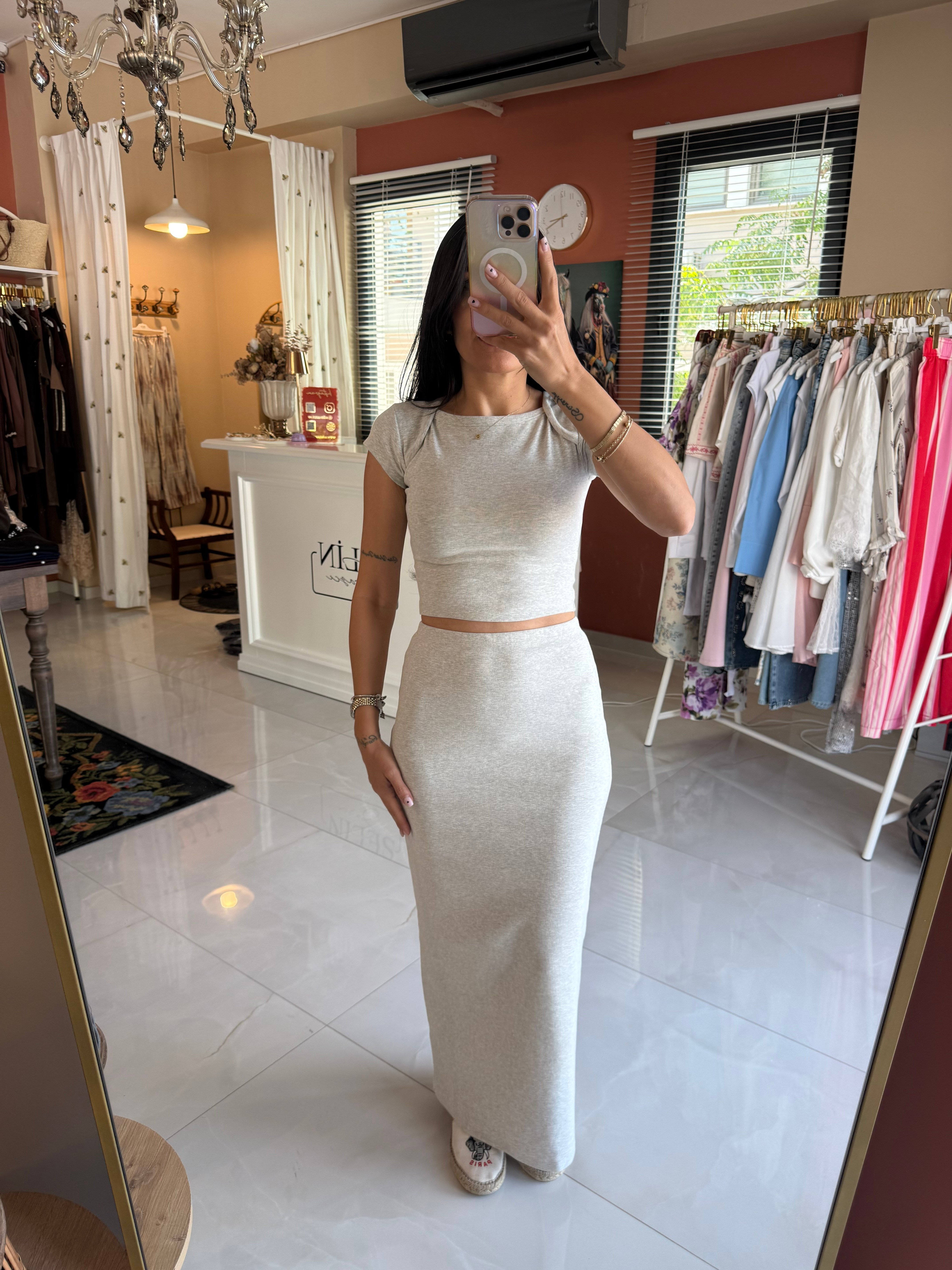 Kayık Yaka Crop Üst Maxi Etek Takım
