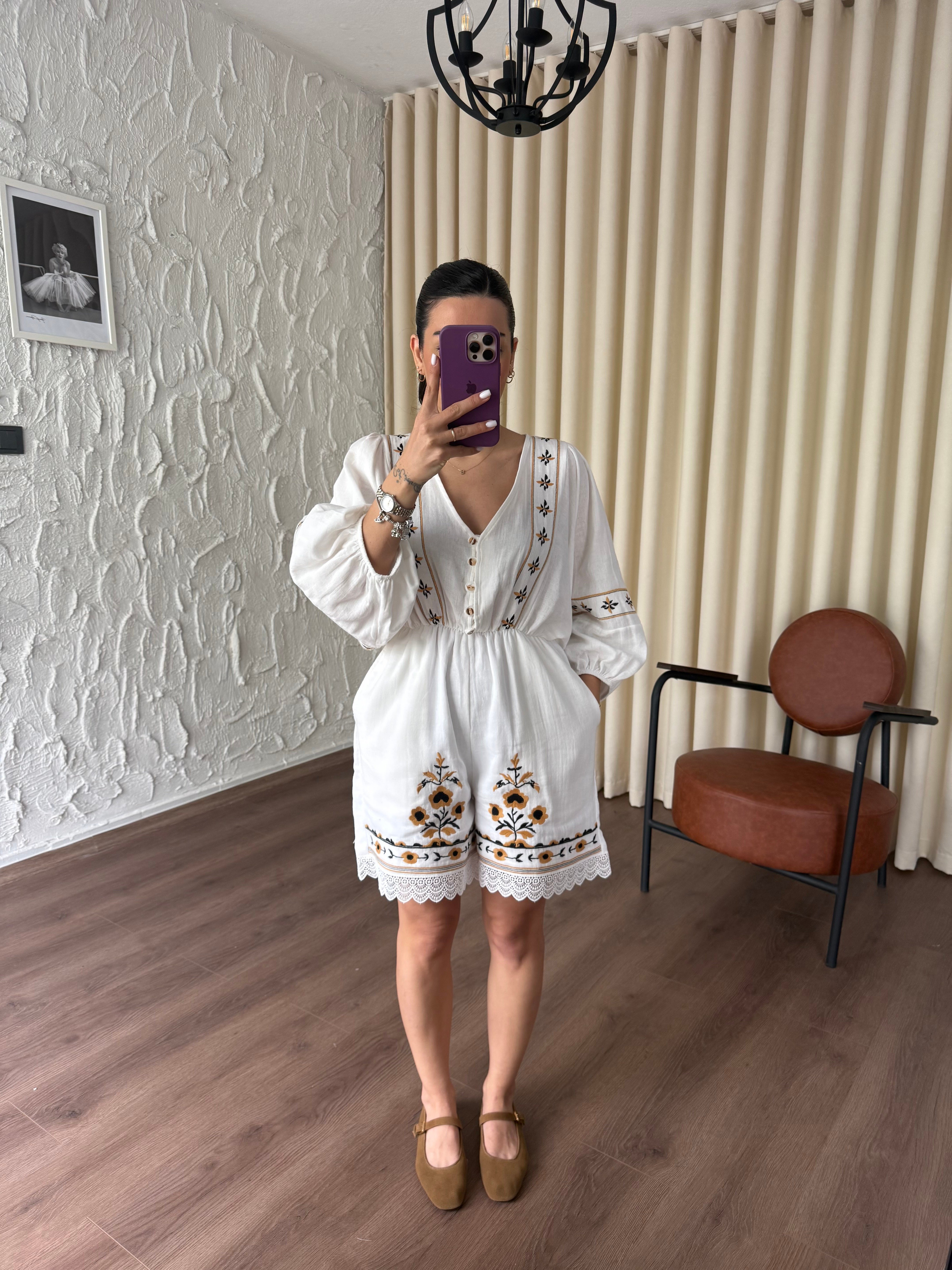 Keten Nakışlı Tulum 