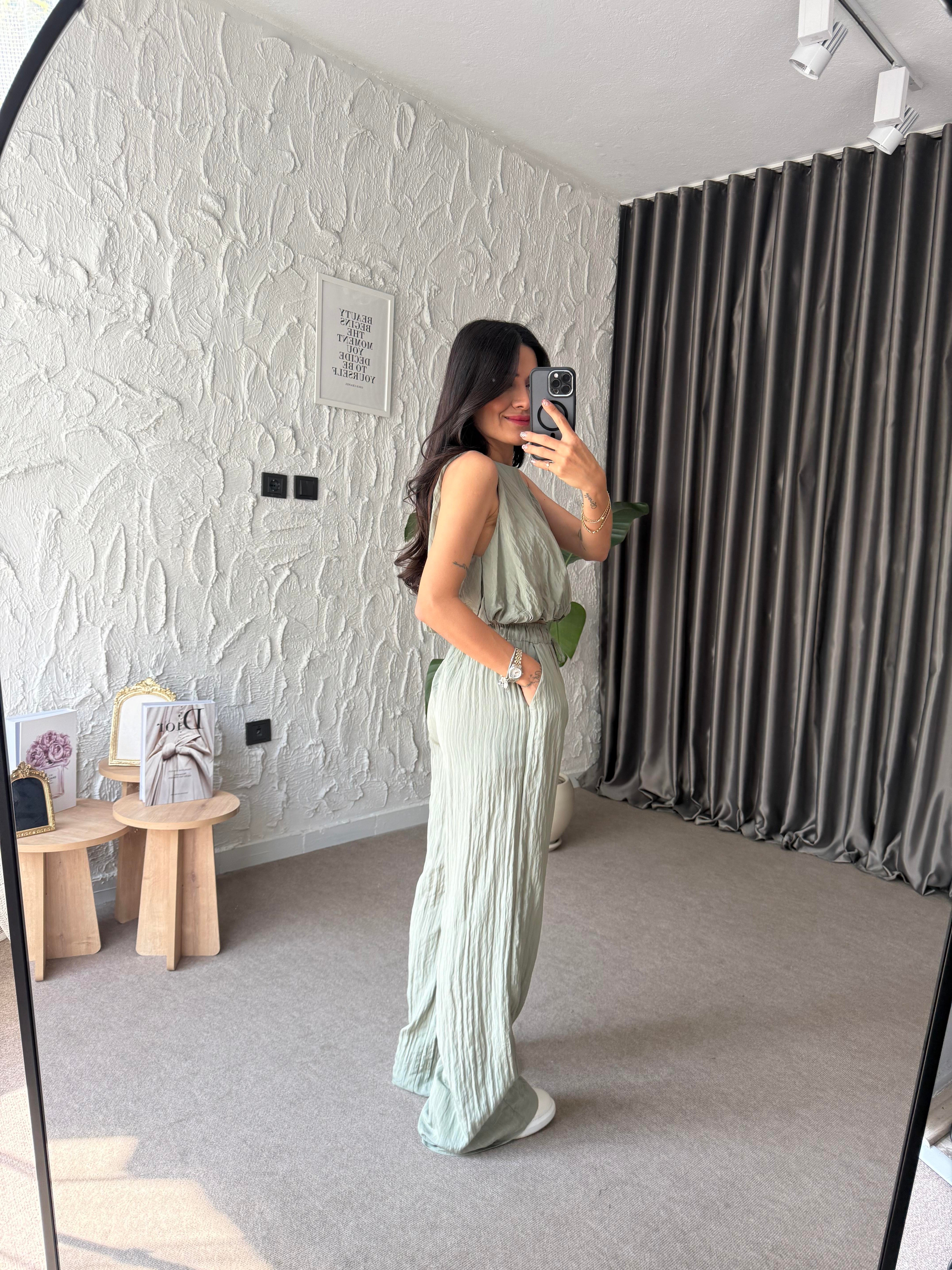 Kırışık Görünümlü Haki Bluz-Pantolon 