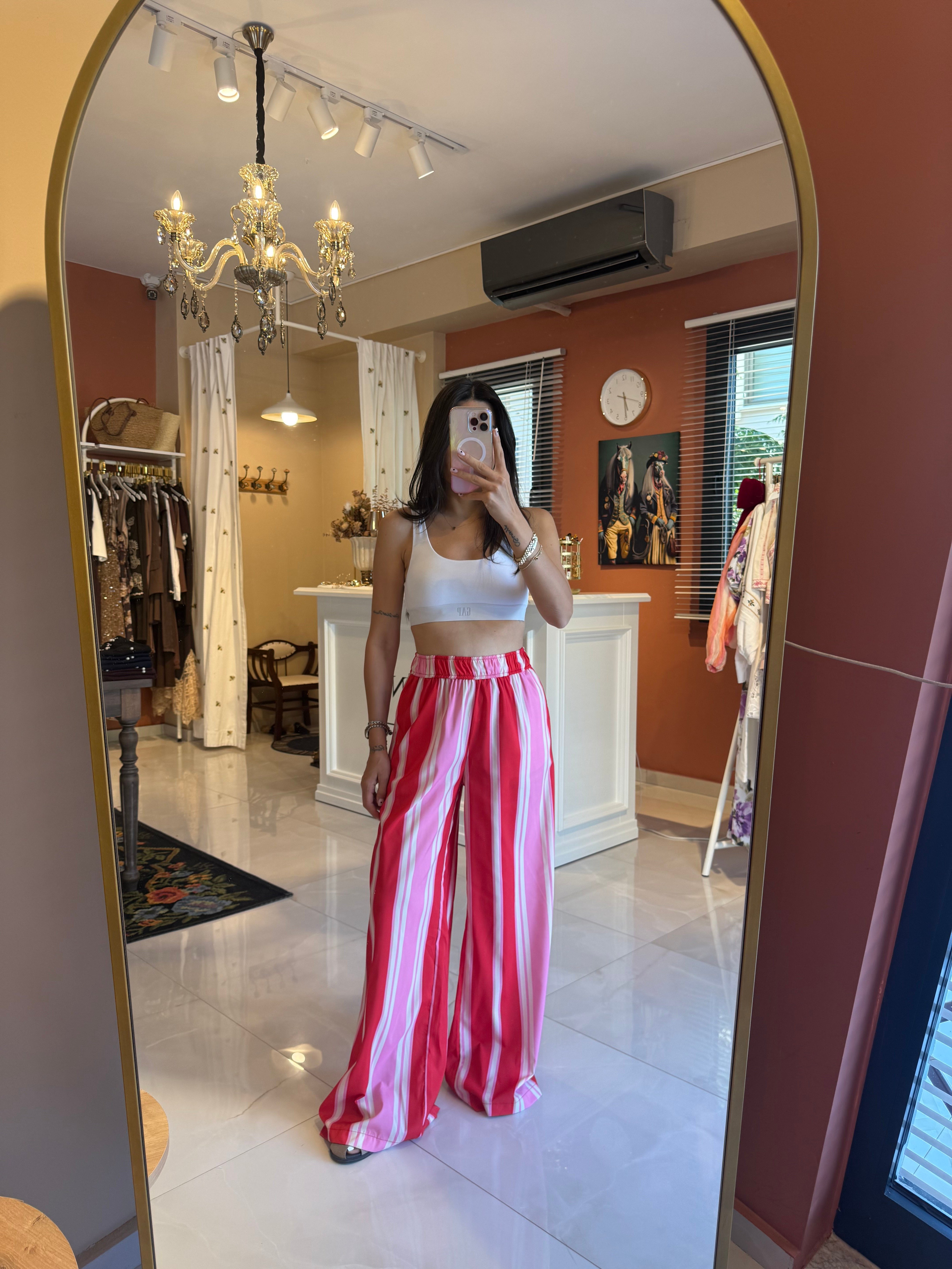 Kırmızı Beli Lastikli Çizgili Pantolon