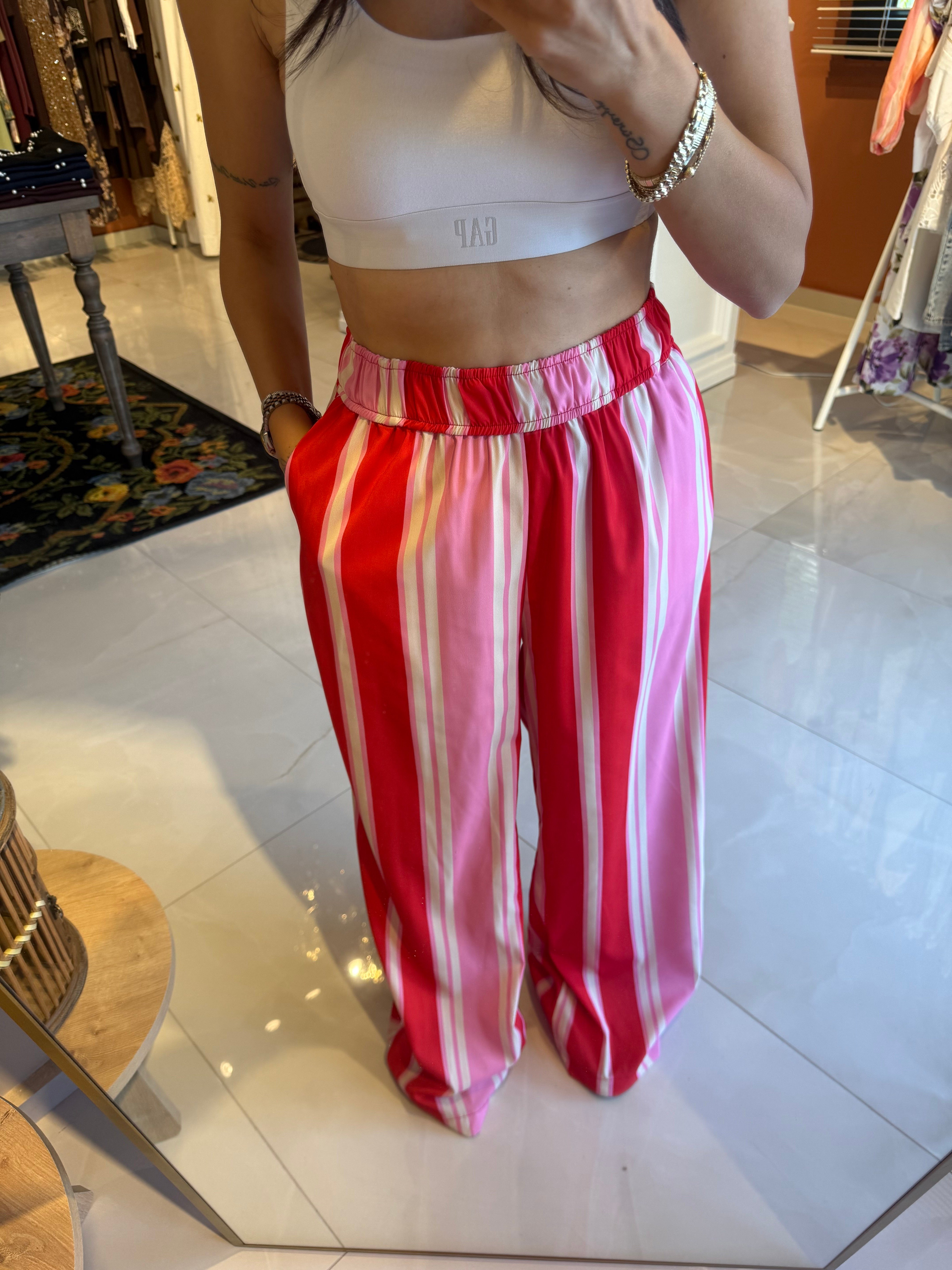 Kırmızı Beli Lastikli Çizgili Pantolon
