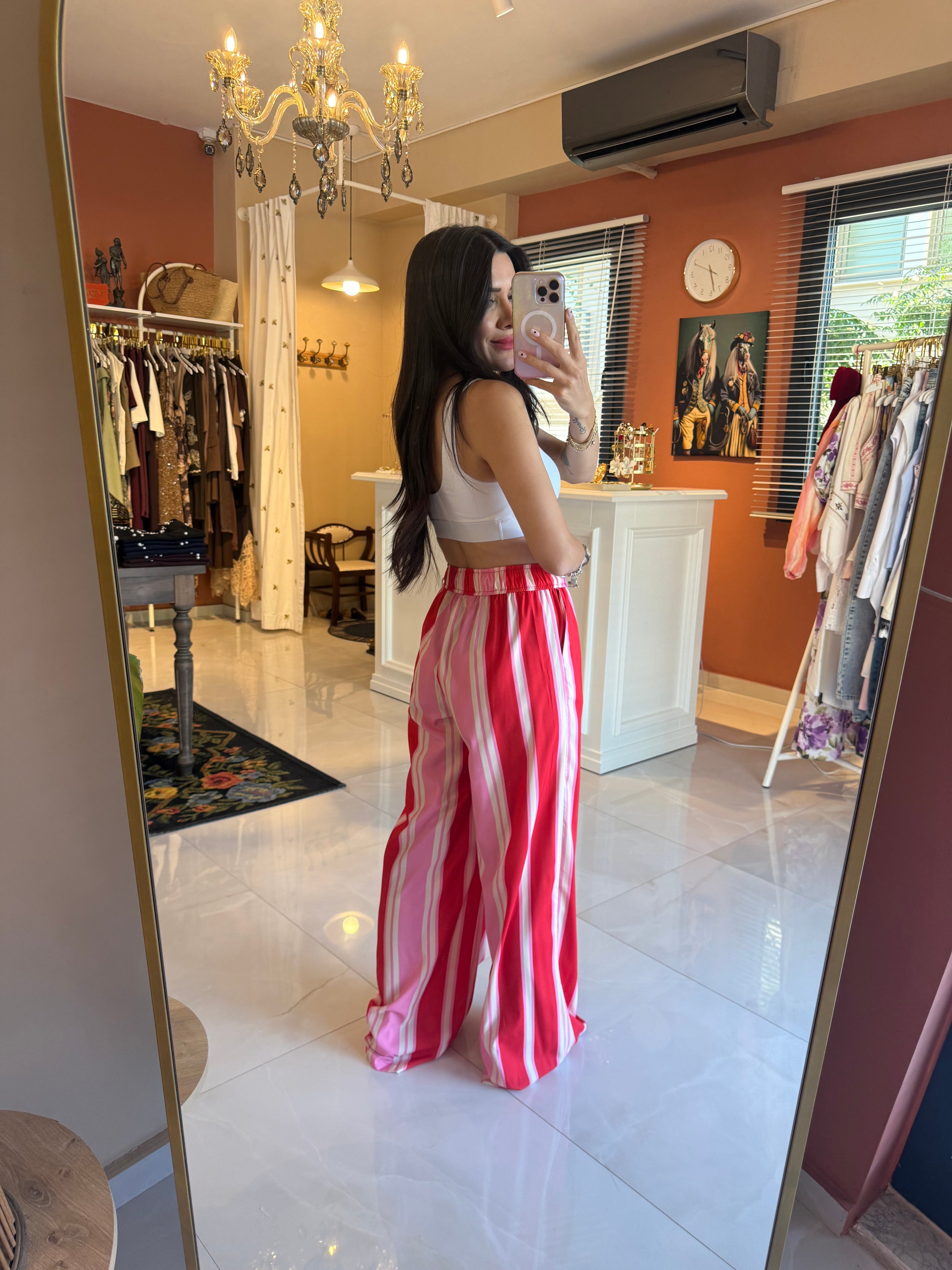 Kırmızı Beli Lastikli Çizgili Pantolon