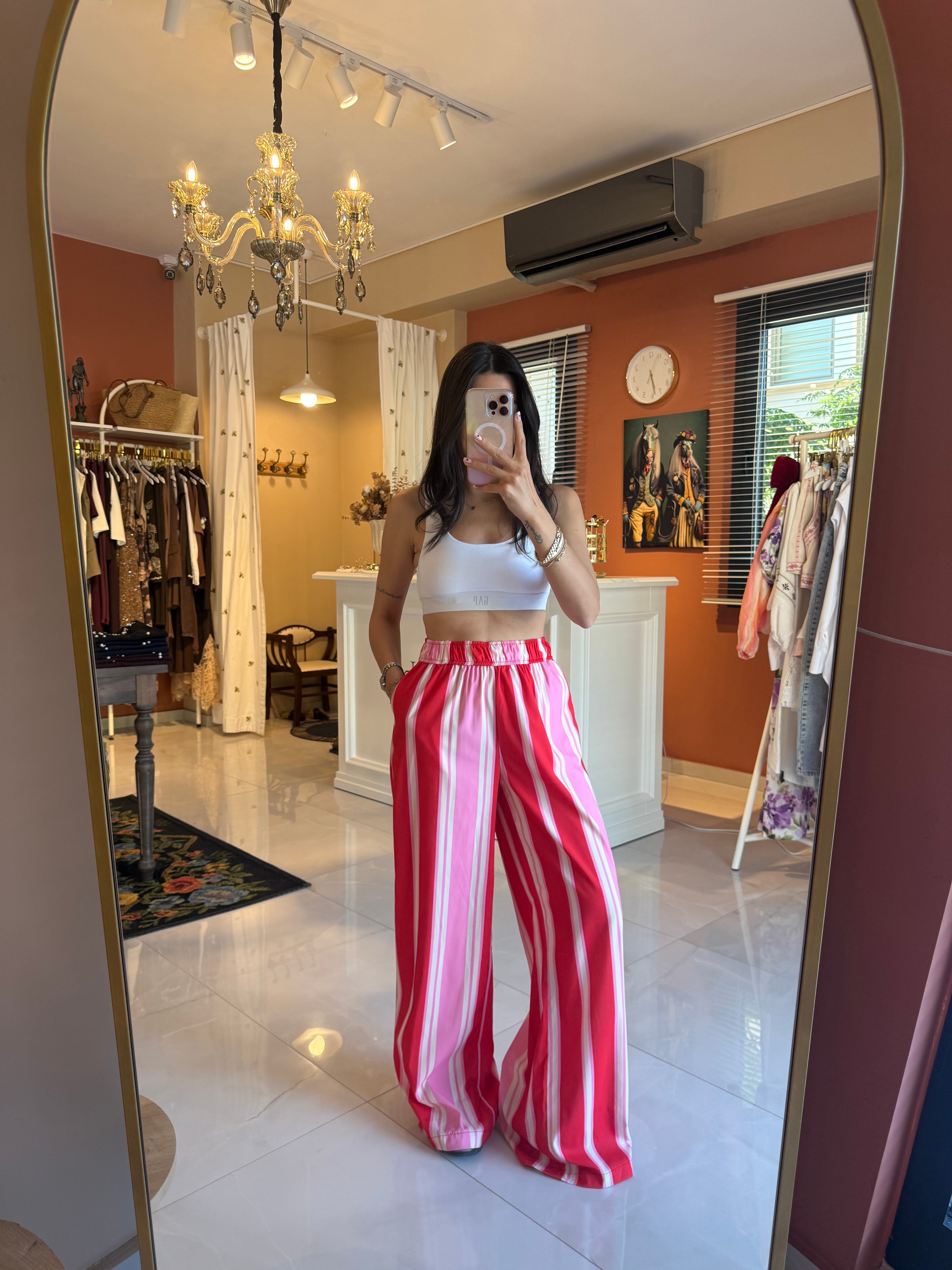 Kırmızı Beli Lastikli Çizgili Pantolon