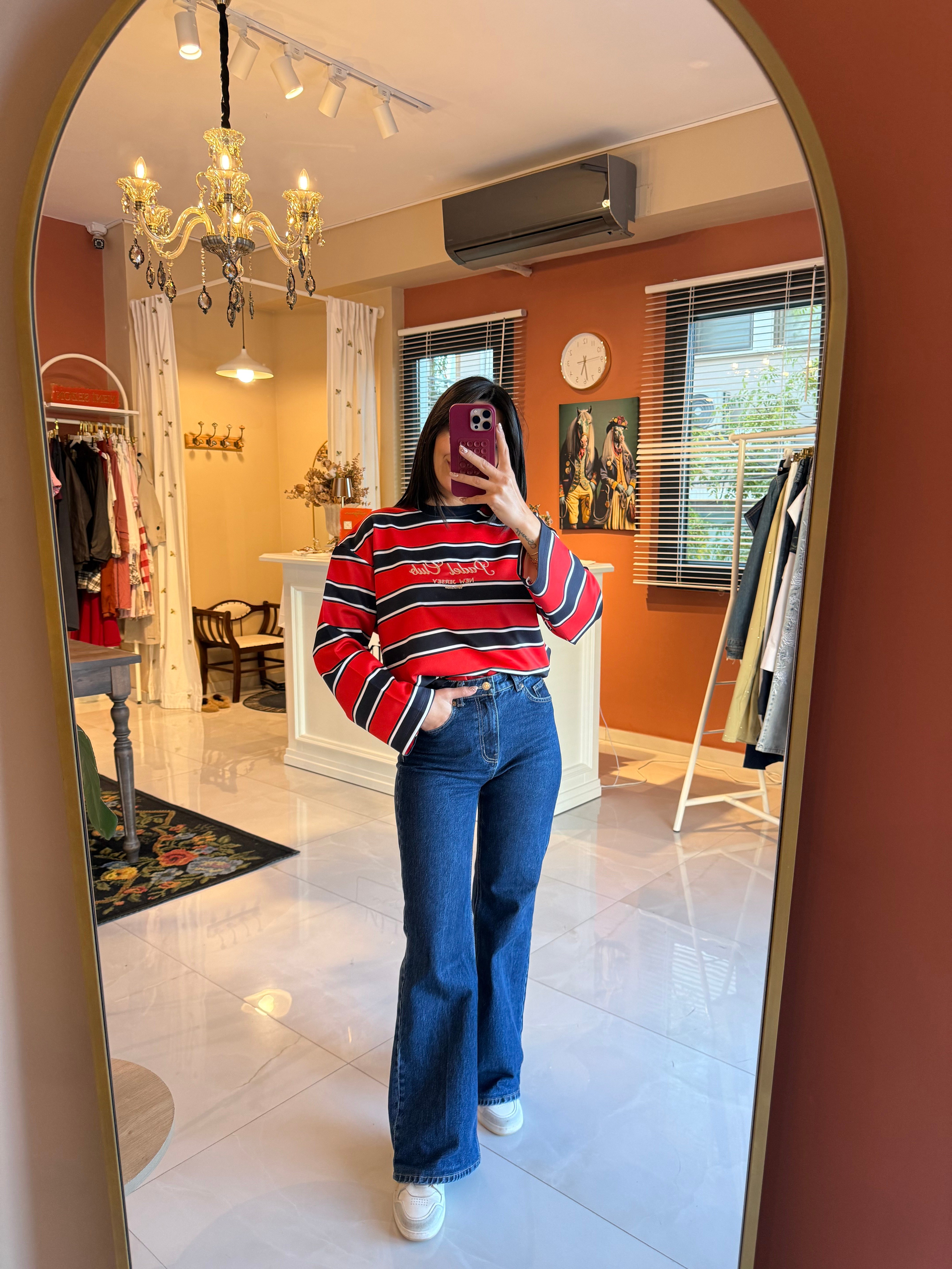 Kırmızı Lacivert Çizgili Nakış İşleme Sweat