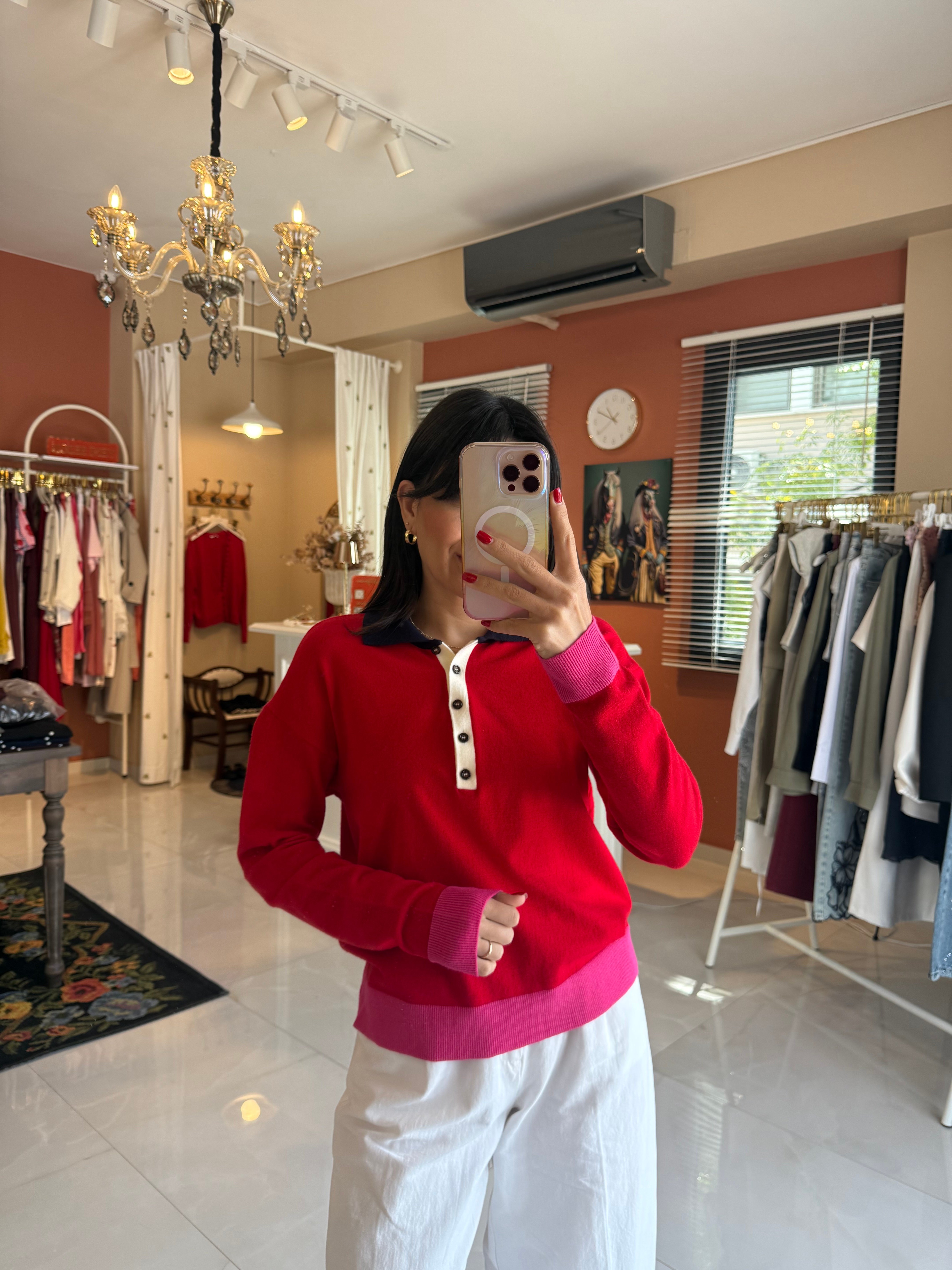 Kırmızı Pembe Renk Garnili Polo Yaka Triko