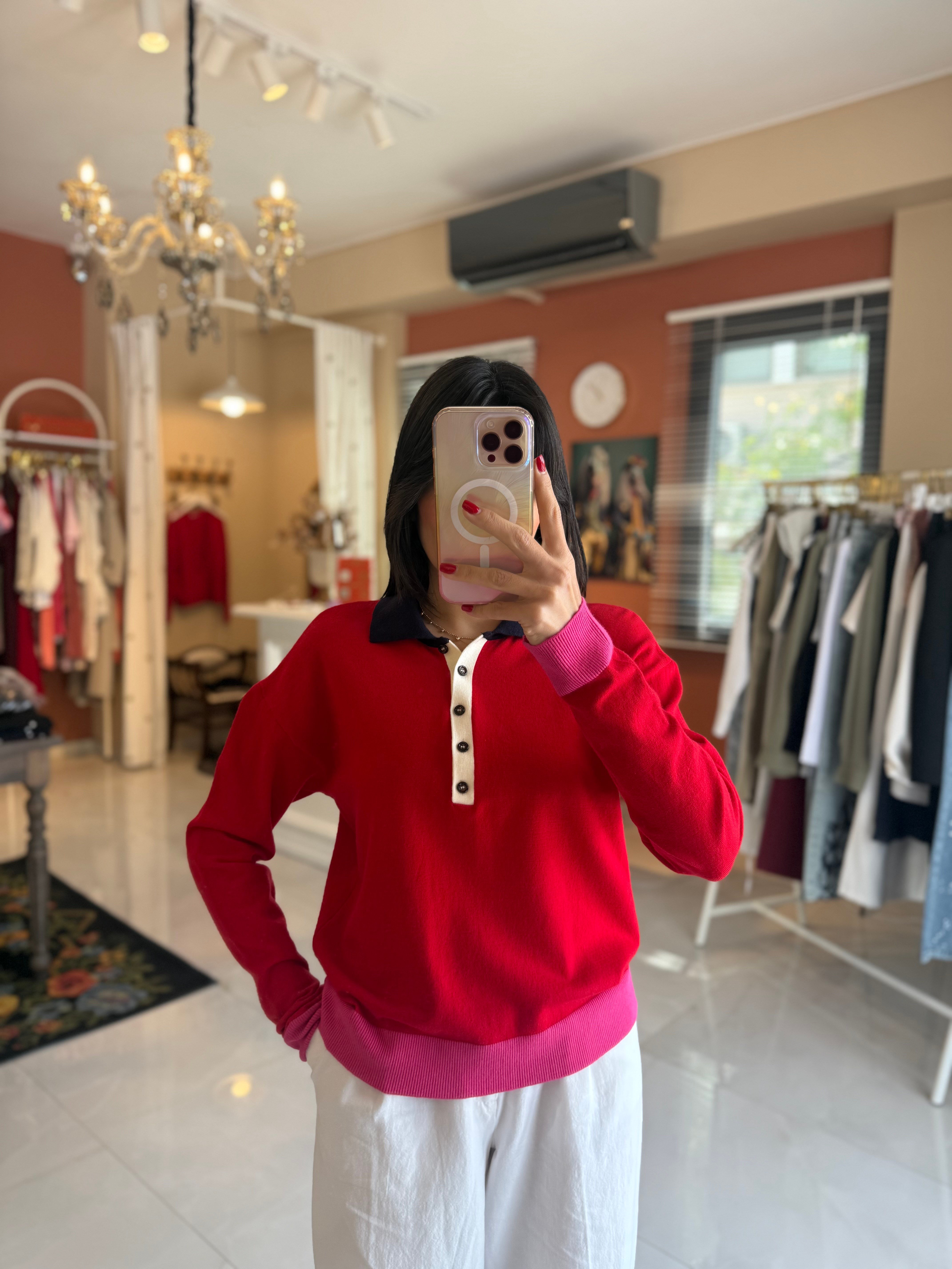 Kırmızı Pembe Renk Garnili Polo Yaka Triko