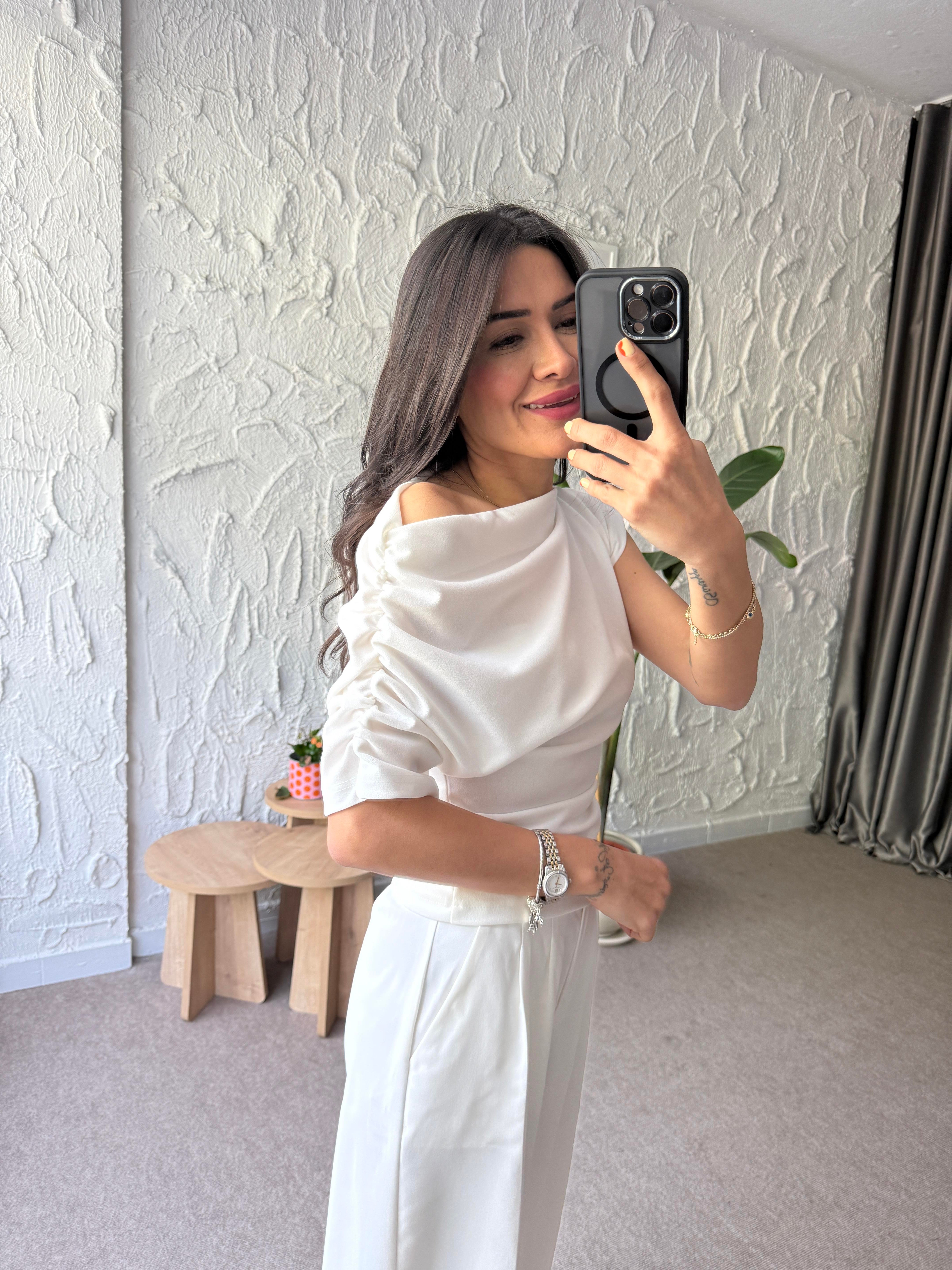 Kol Drapeli Bluz - Beyaz