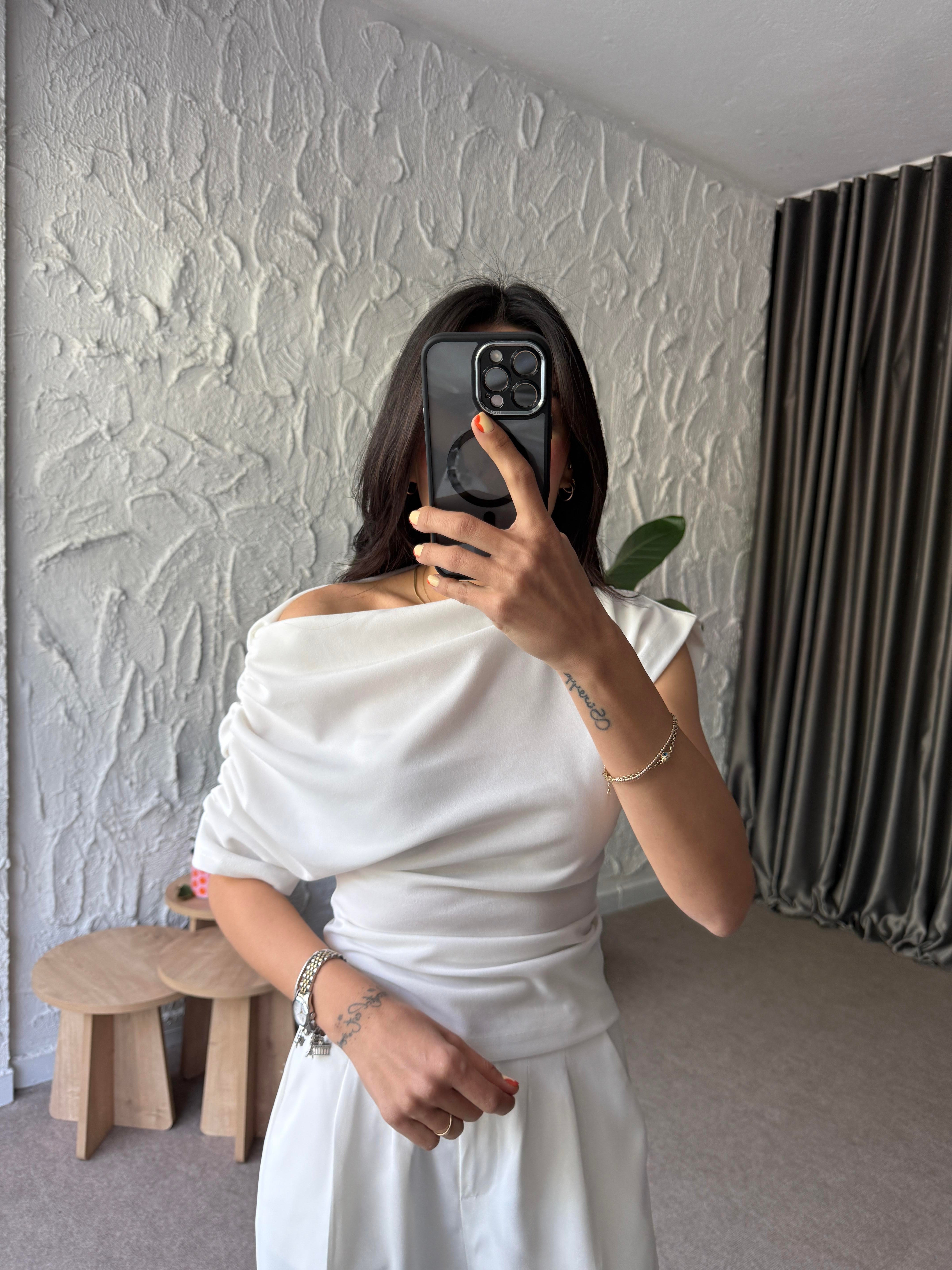 Kol Drapeli Bluz - Beyaz