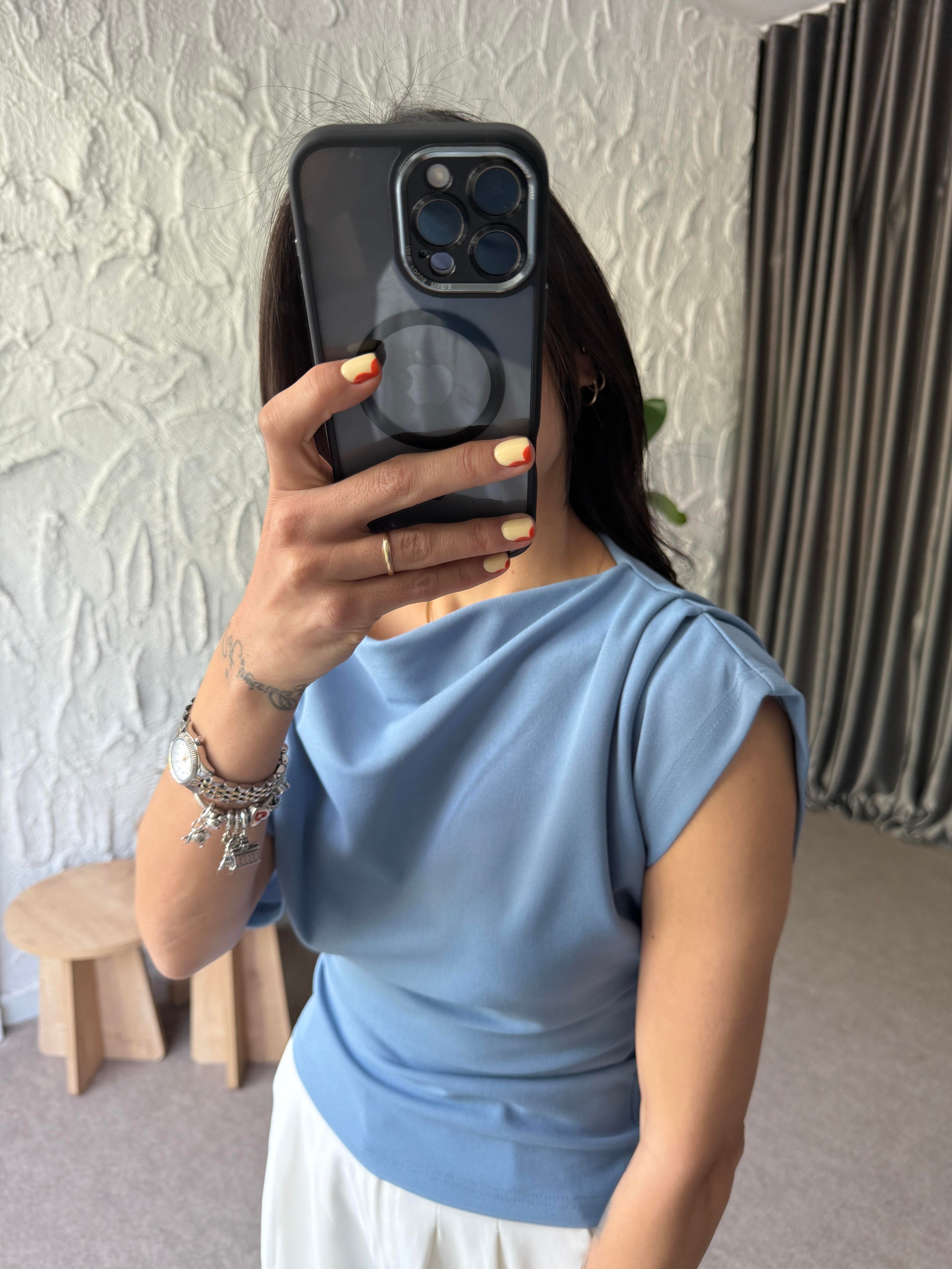 Kol Drapeli Bluz - Mavi