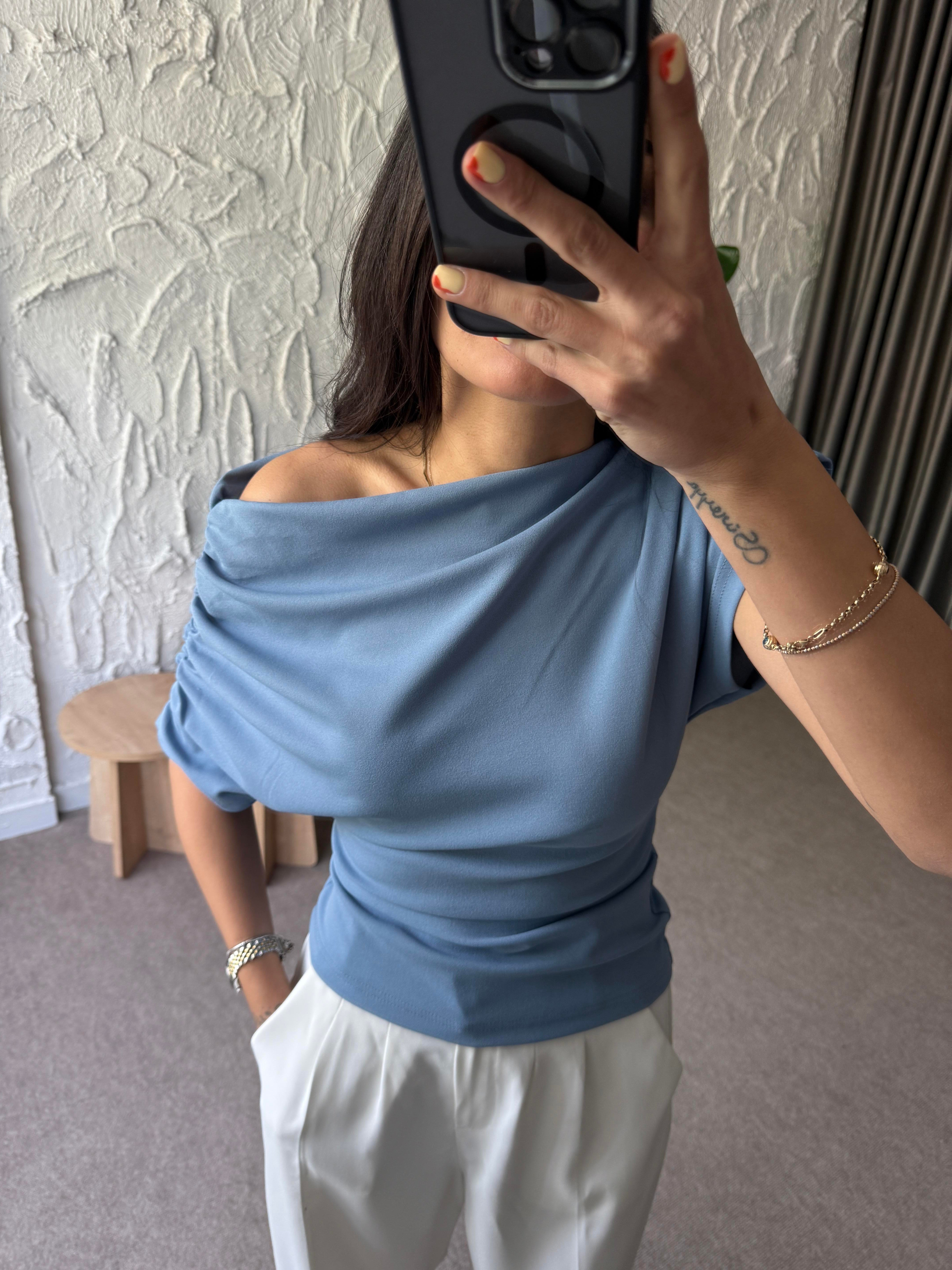 Kol Drapeli Bluz - Mavi