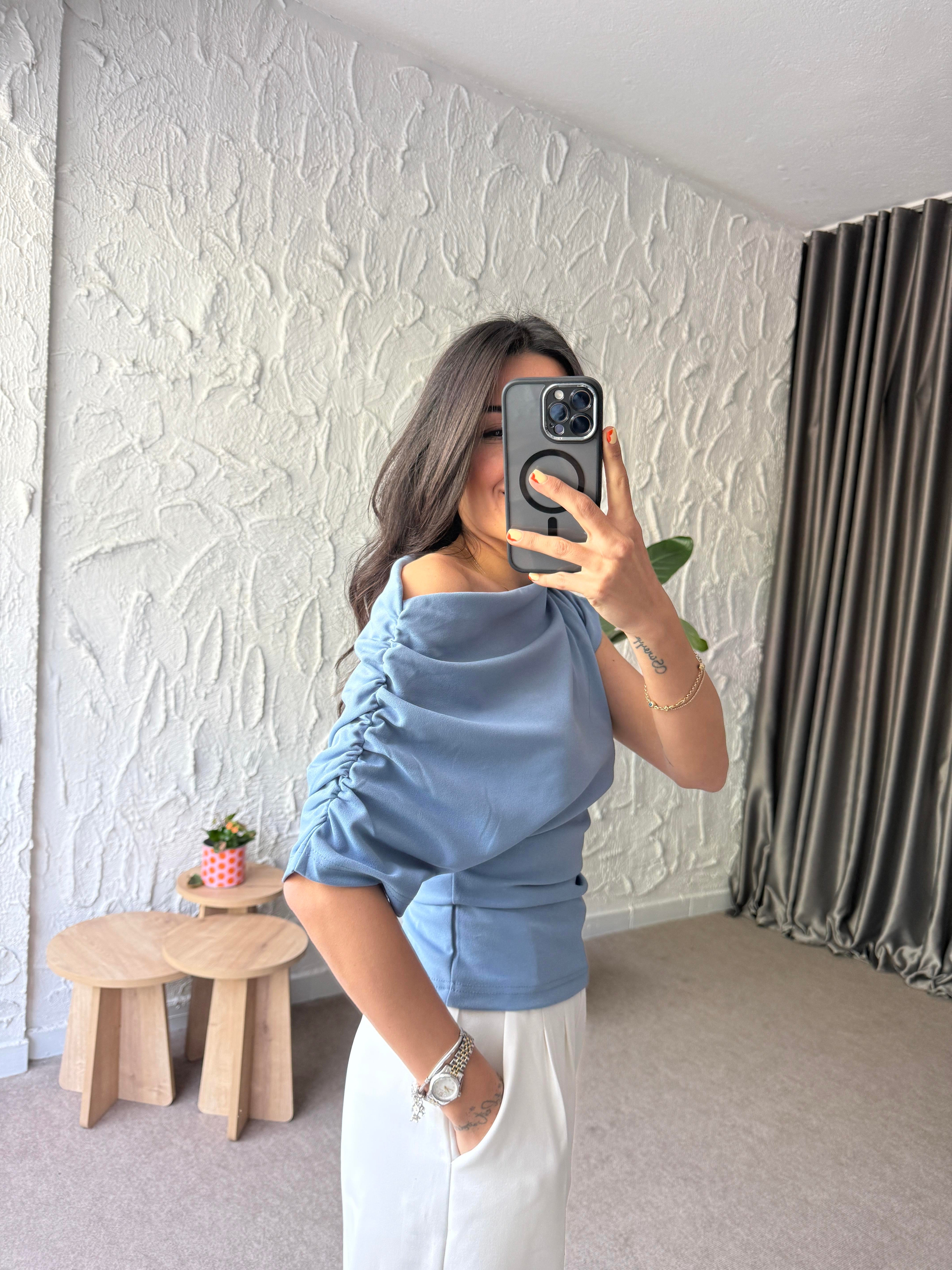 Kol Drapeli Bluz - Mavi