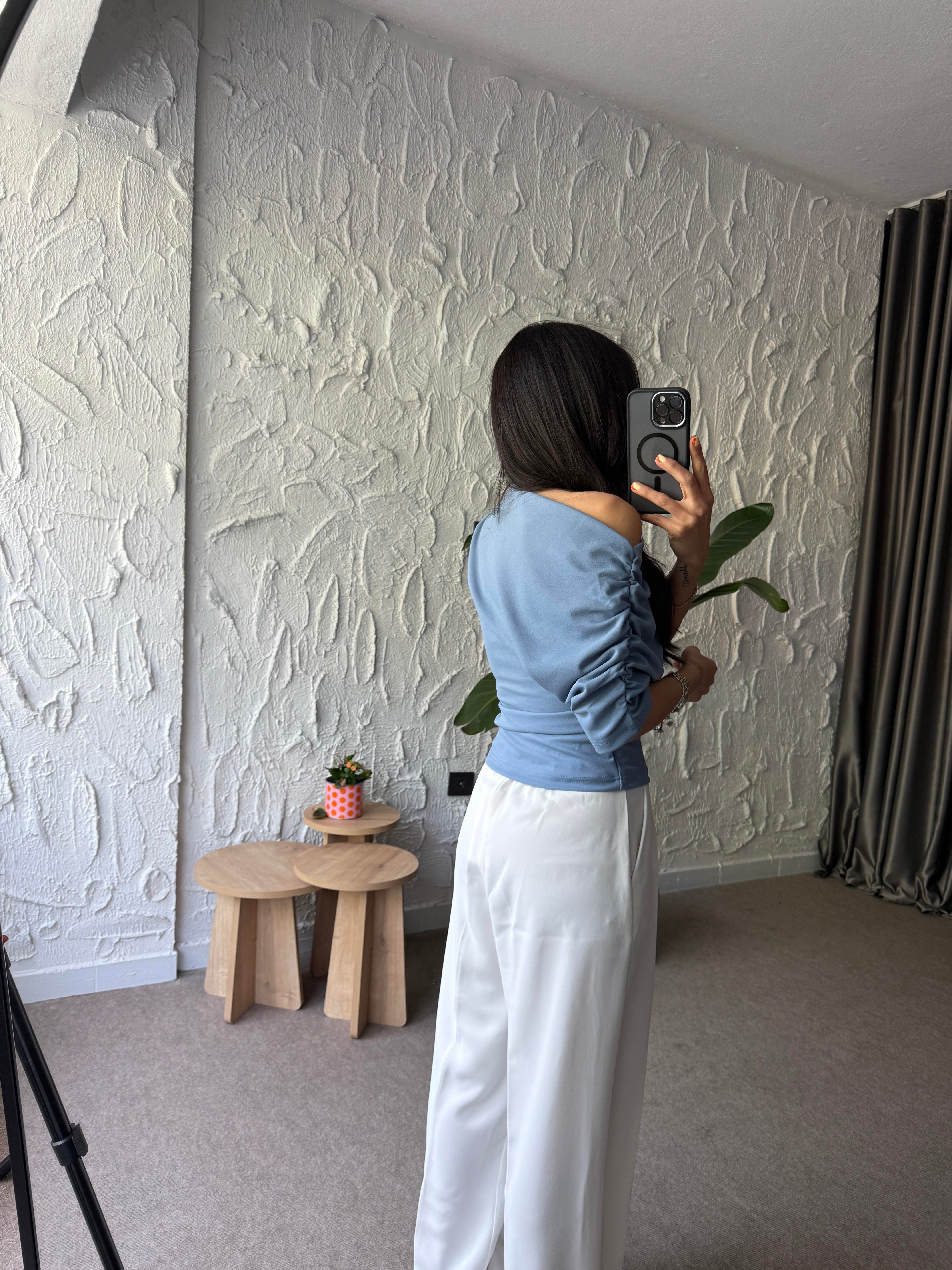 Kol Drapeli Bluz - Mavi