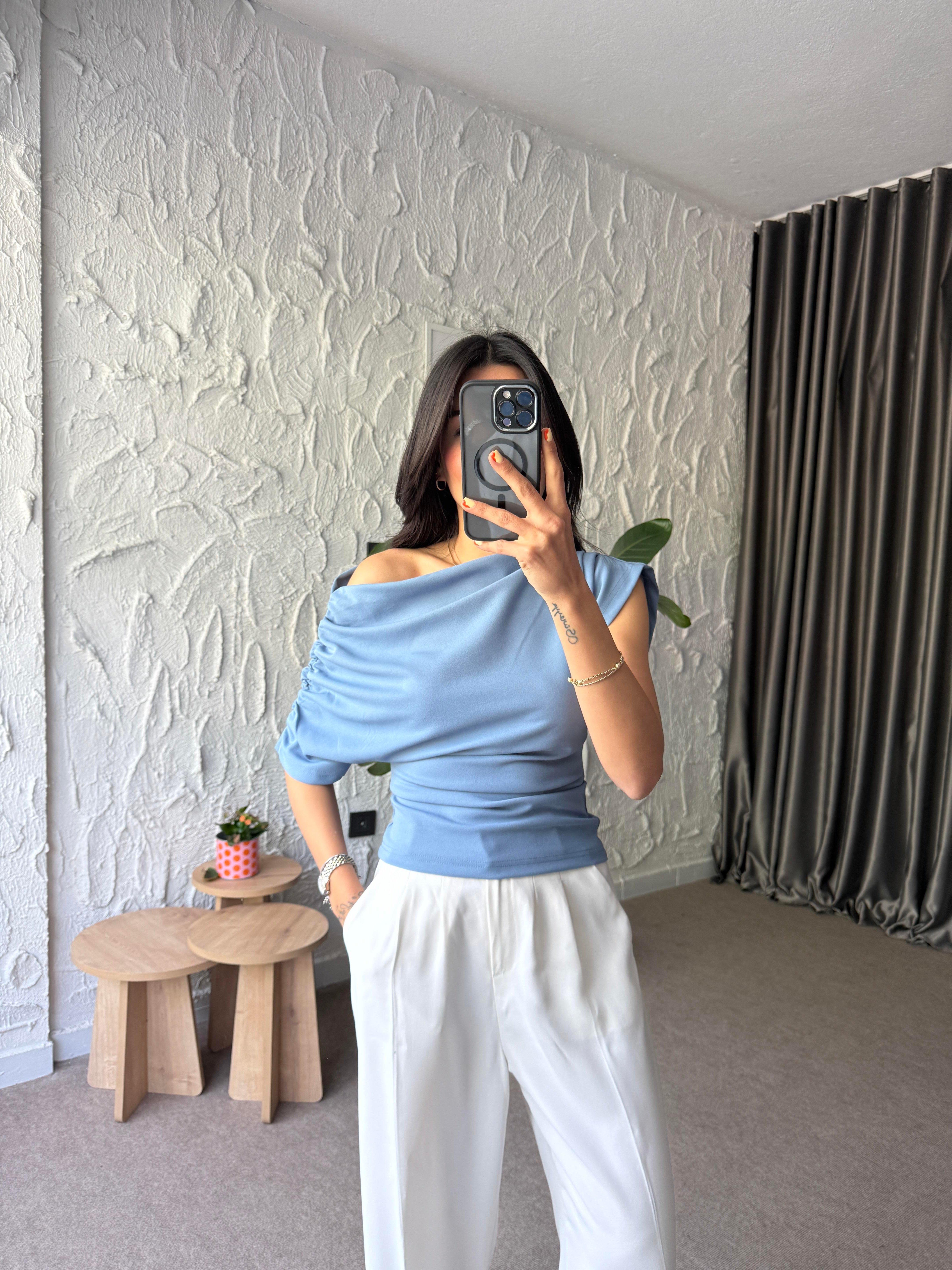 Kol Drapeli Bluz - Mavi