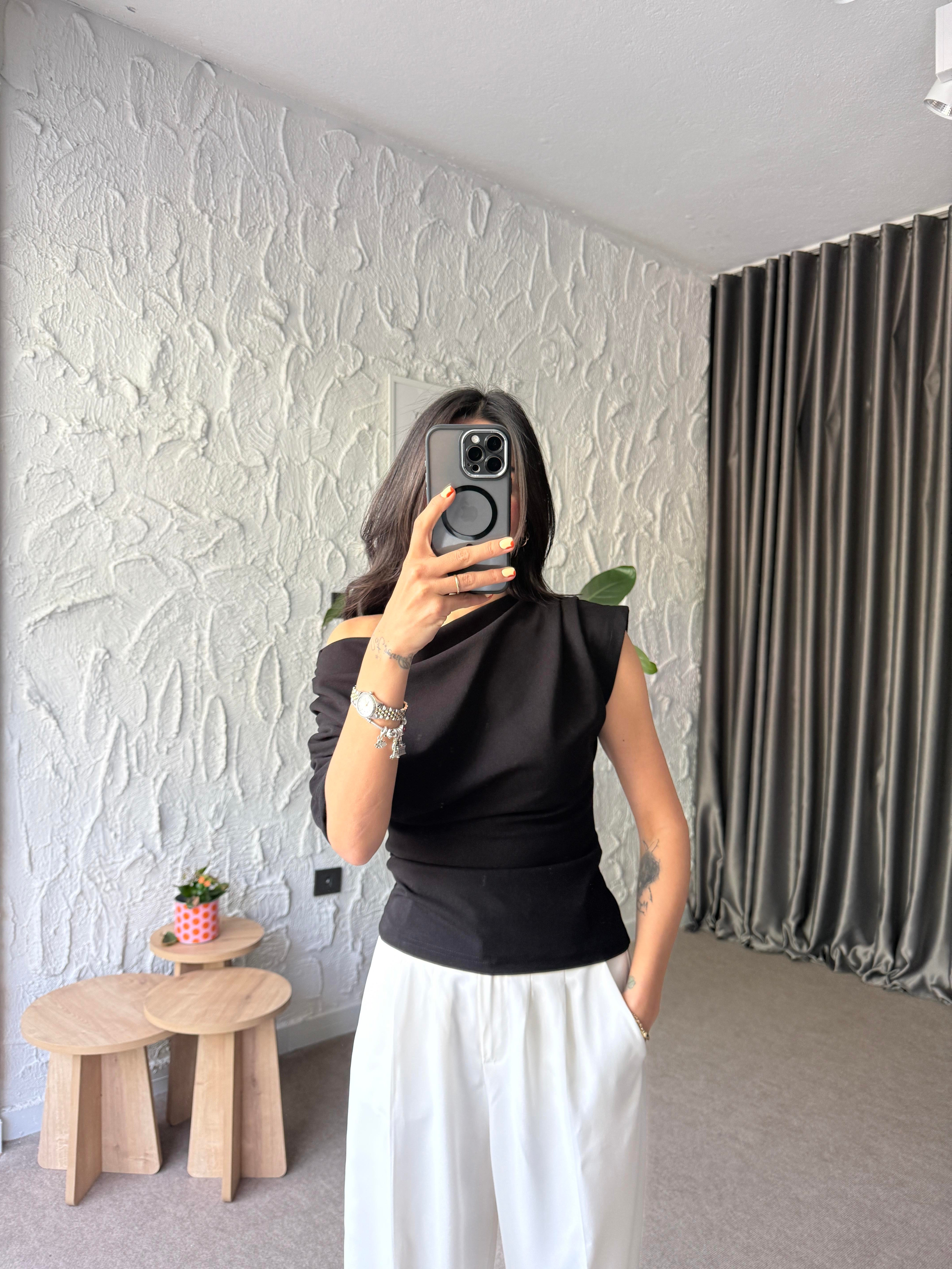 Kol Drapeli Bluz - Siyah