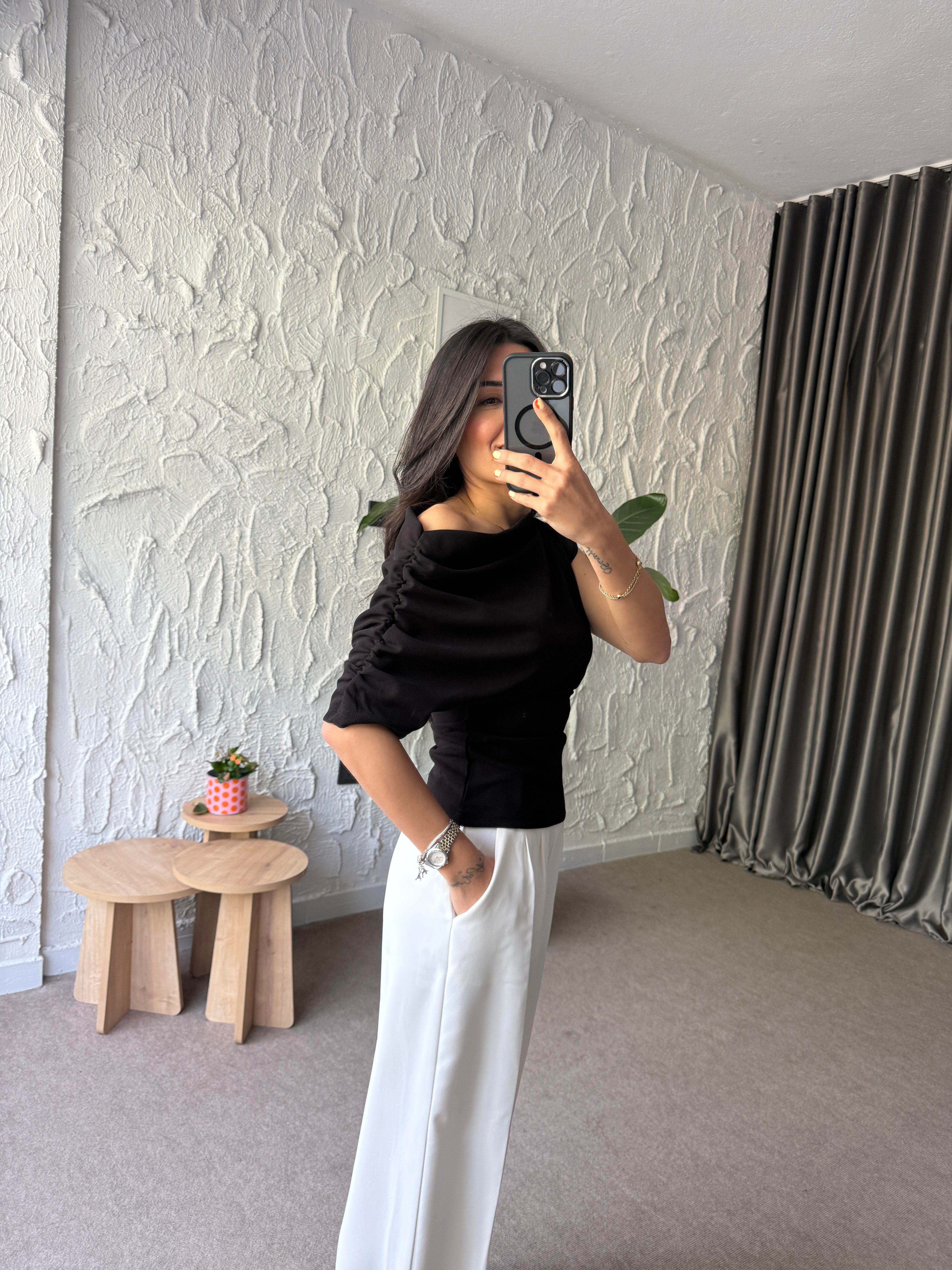 Kol Drapeli Bluz - Siyah