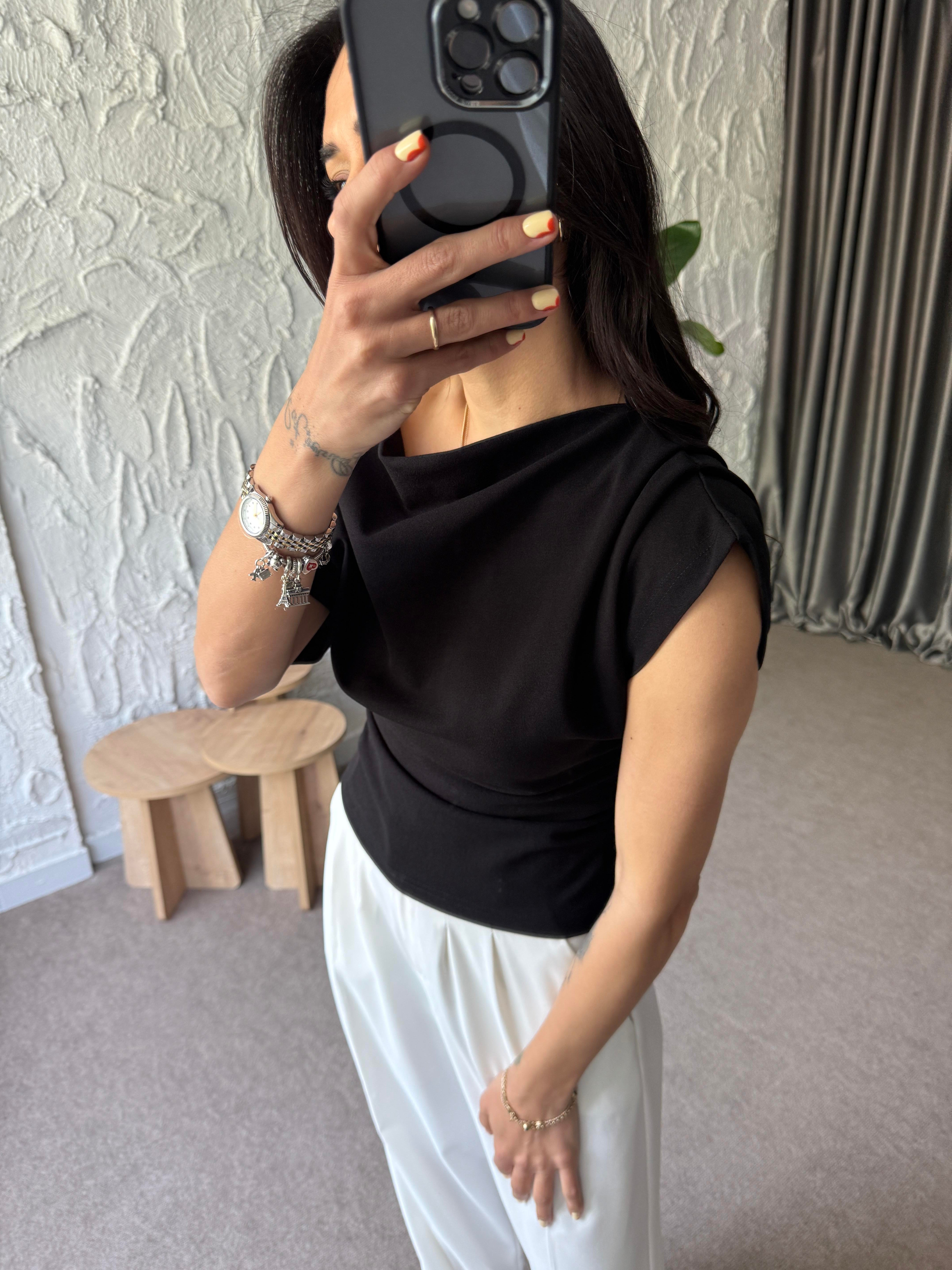 Kol Drapeli Bluz - Siyah