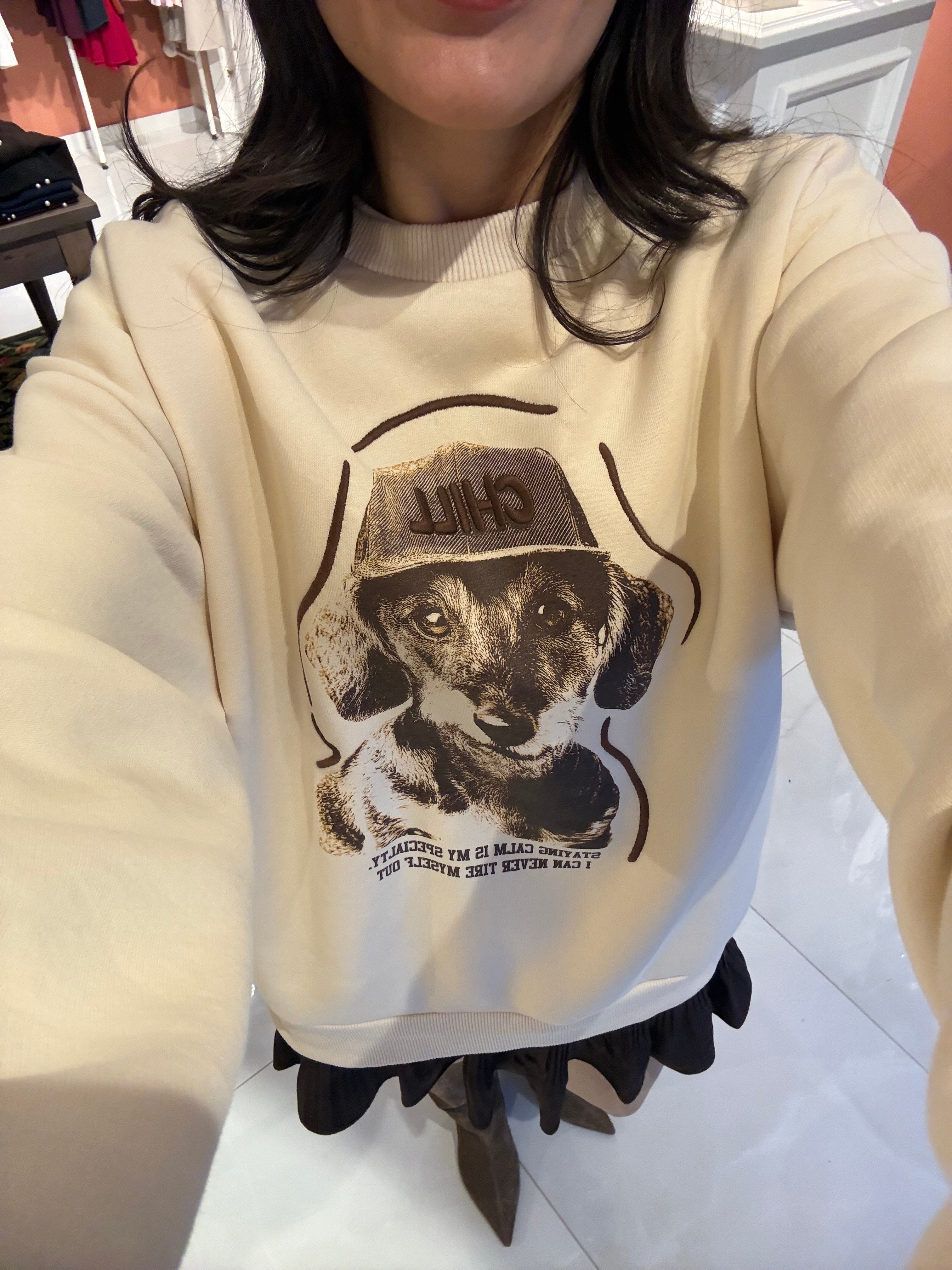 Köpek Baskı ve Nakış Detaylı Bej Sweatshirt 