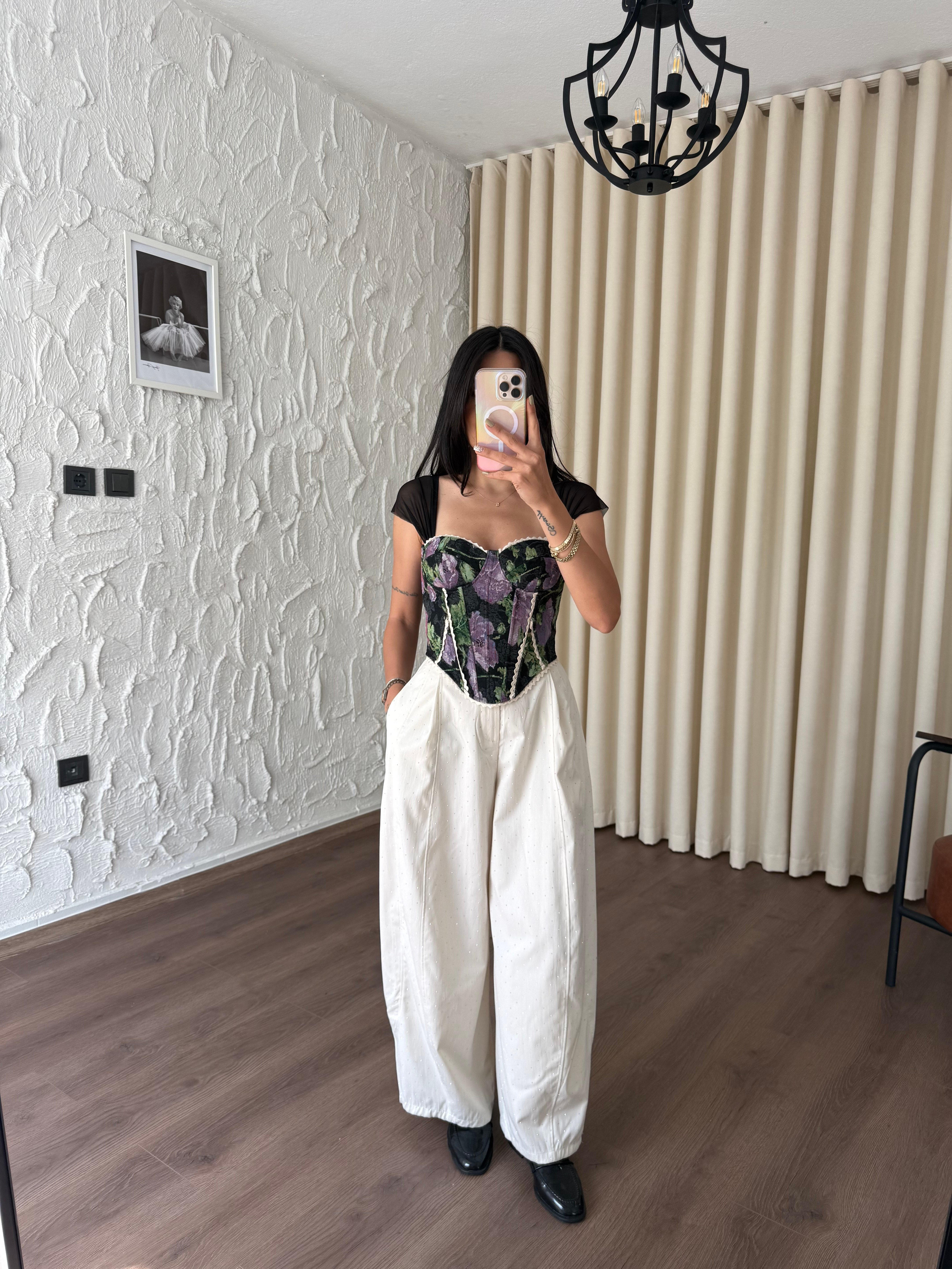 Krem Taşlı Balon Pantolon