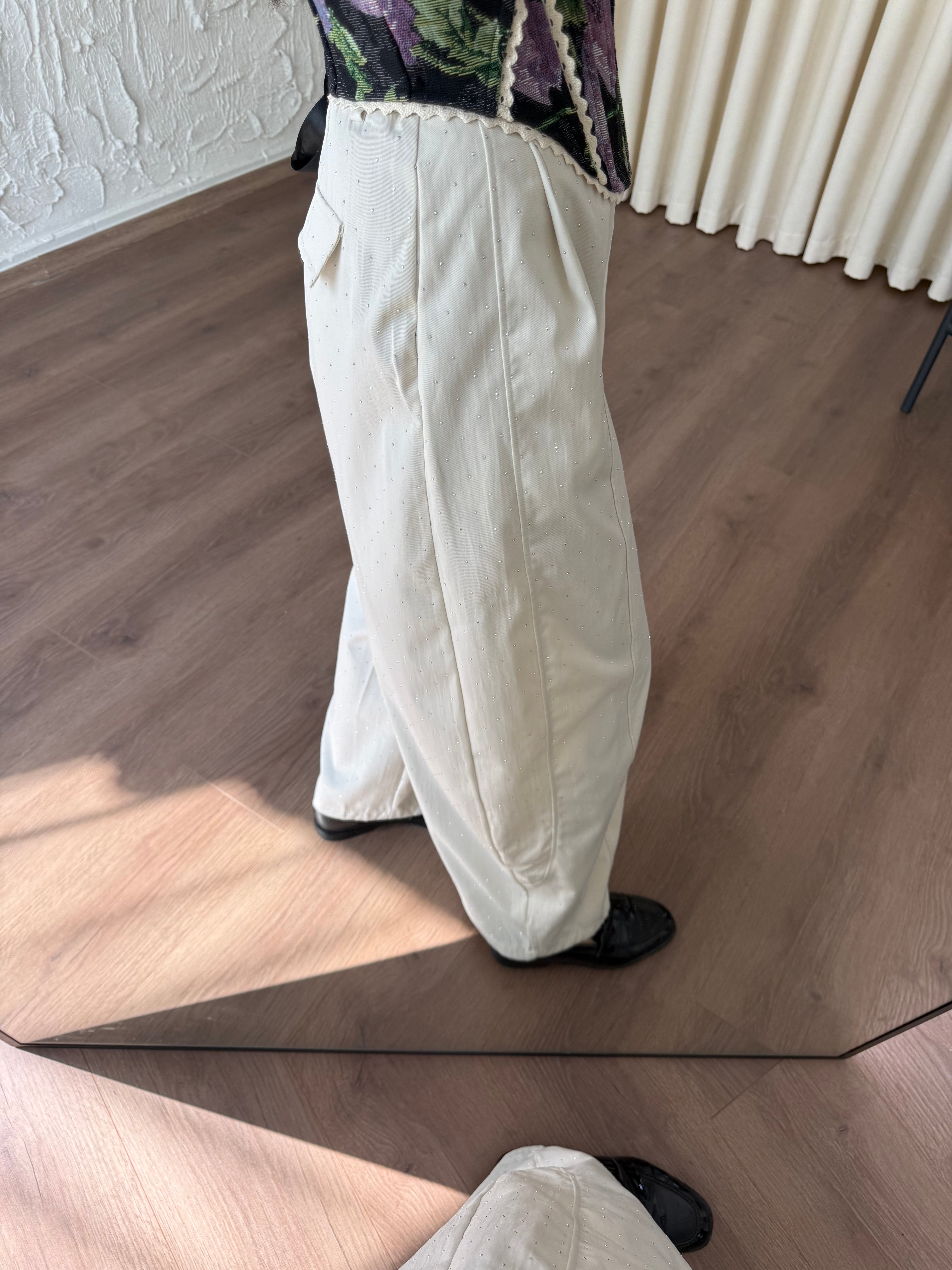 Krem Taşlı Balon Pantolon